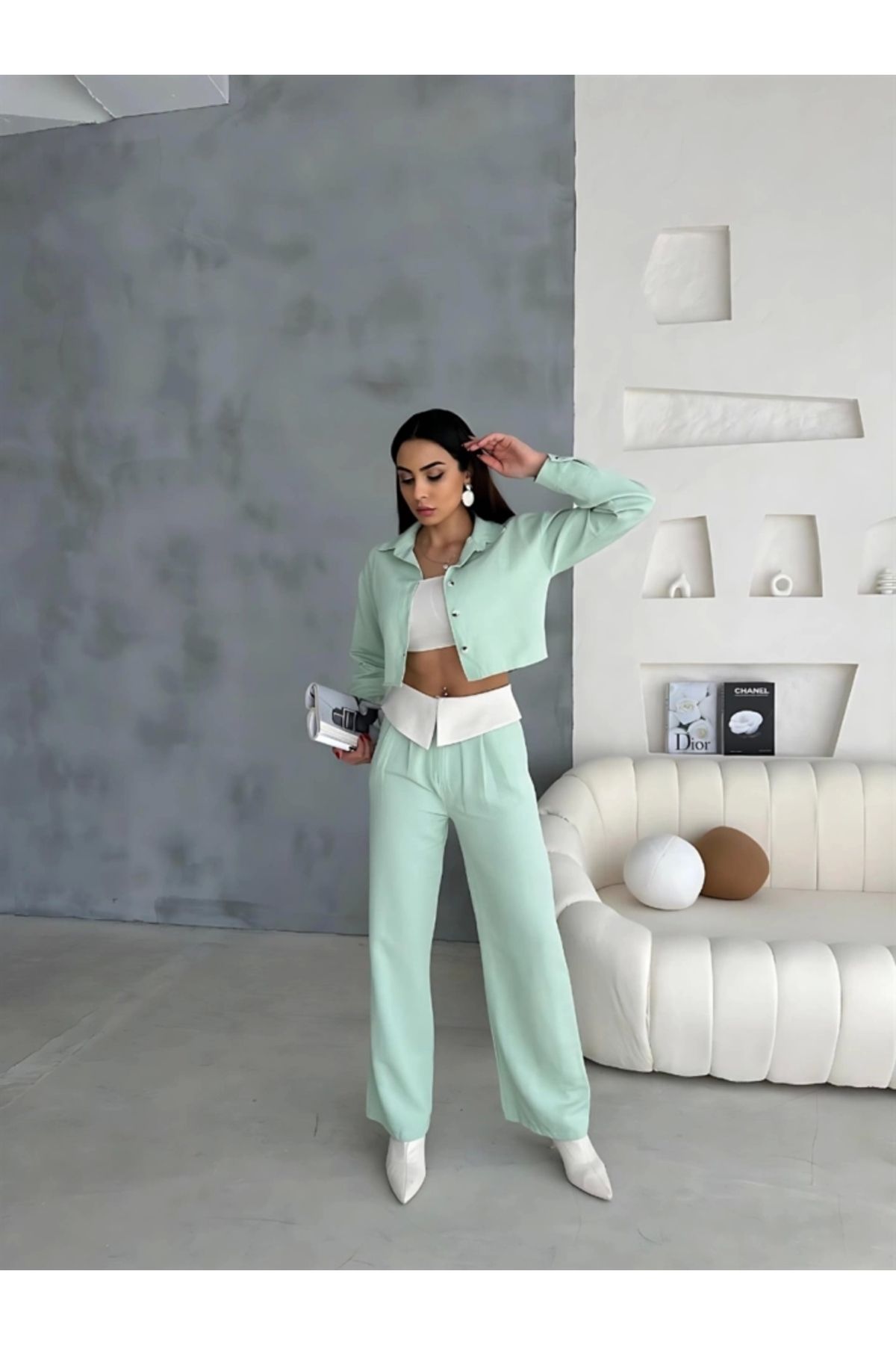 nedo7 KETEN GÖMLEK-CROP-SALAŞ PANTOLON TAKIM - Mint