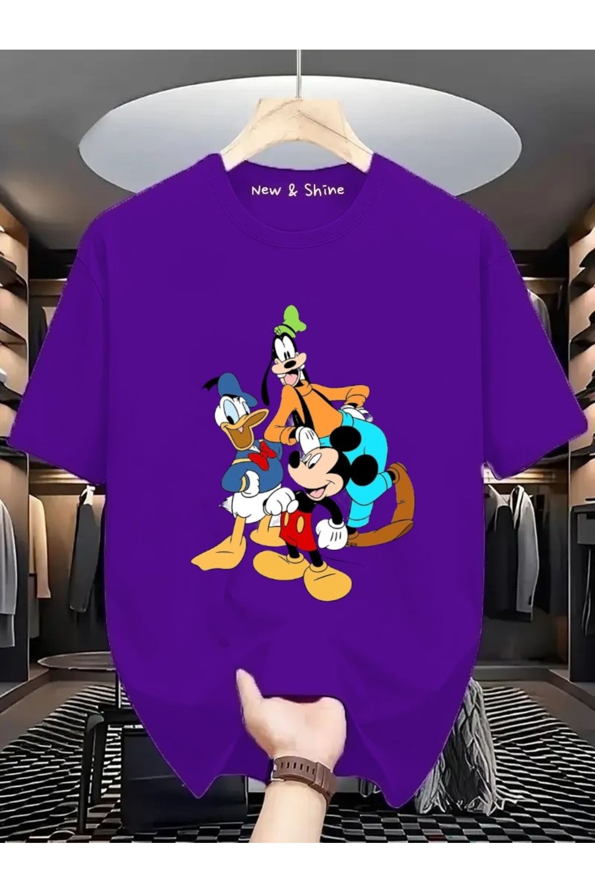New Shine Mickey Mouse Donald Duck Goofy Baskılı Oversize T-Shirt