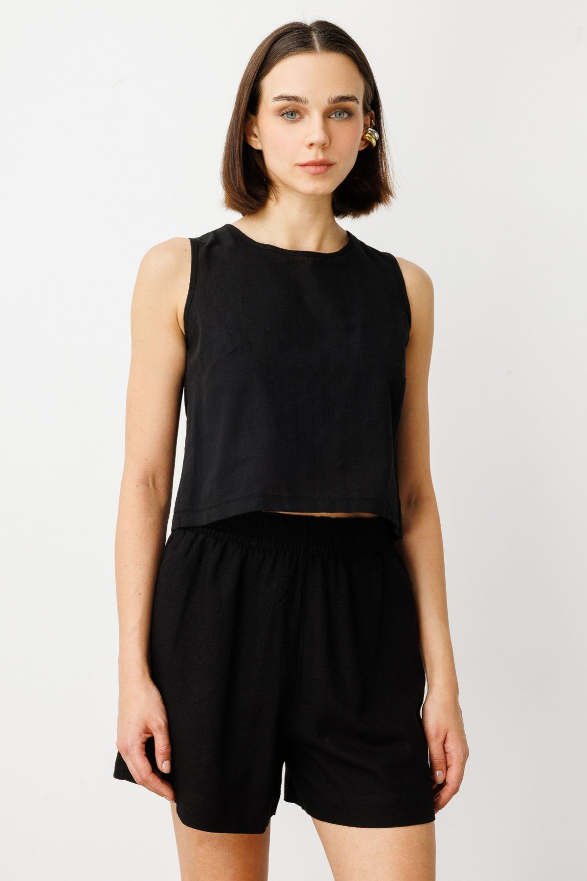Mi Pret a Porter Me-Like Sıfır Yaka Keten Crop Bluz