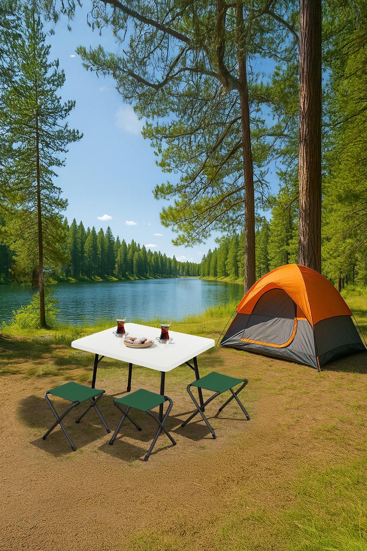 Exent 45X60 cm Kamp Sehpası + 3 Adet YEŞİL Tabure Piknik, bahçe balkon sehpası Katlanır Sehpa-B-3Y