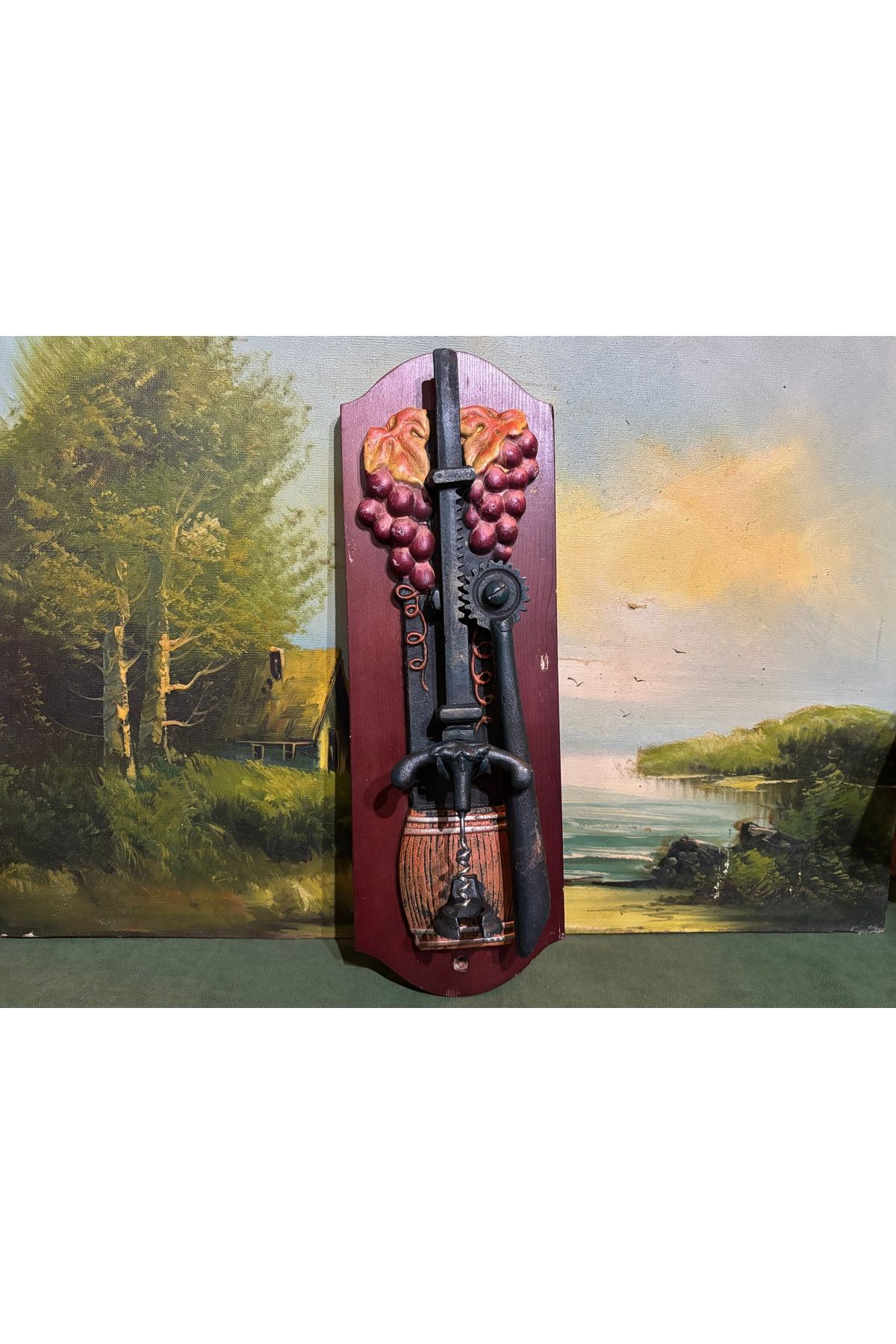 tayfuntufan antika koleksiyon-Wall Mounted Metal Wine Opener Corkscrew on Wooden Base Measures 41 cm 14 cm 1
