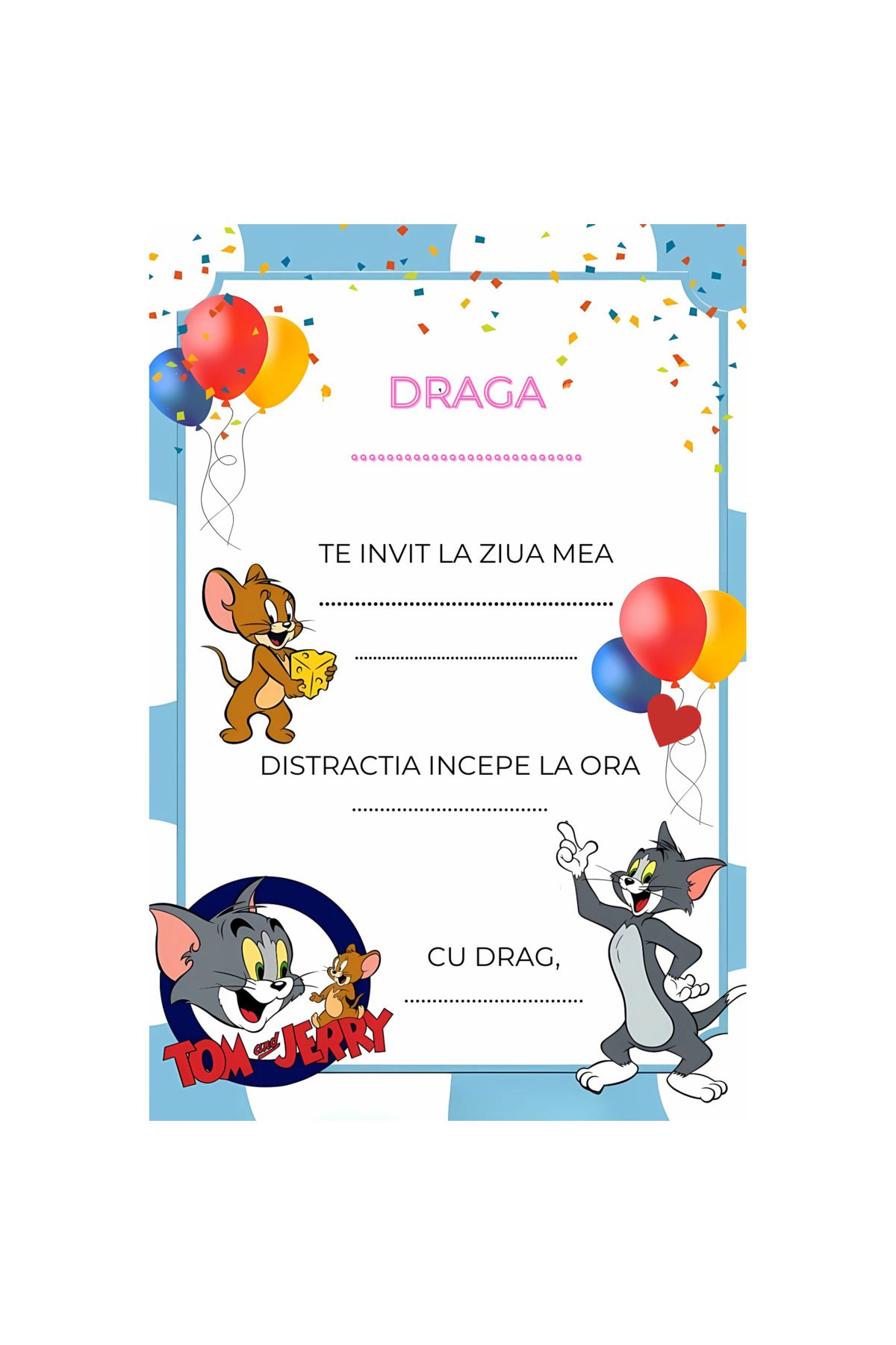 OEM-Set 10 invitatii tip formular pentru copii - Tom si Jerry, Format A6, plic inclus 1