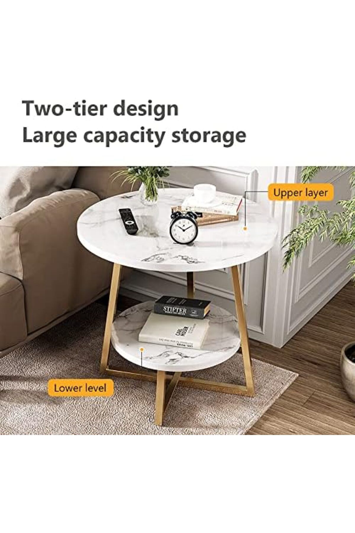 Generic-Round Coffee Table, Double Layer Sofa Side Table End Table, Imitation Marble Coffee Round Table Snac 6