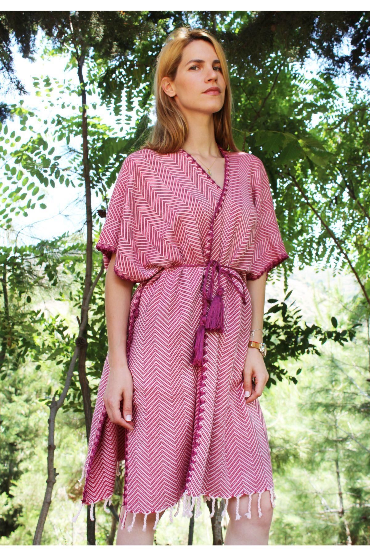 Defne&Apollon İpekçilik %100 Pamuk El Dokuması Tığ İşlemeli Kimono - Bordo