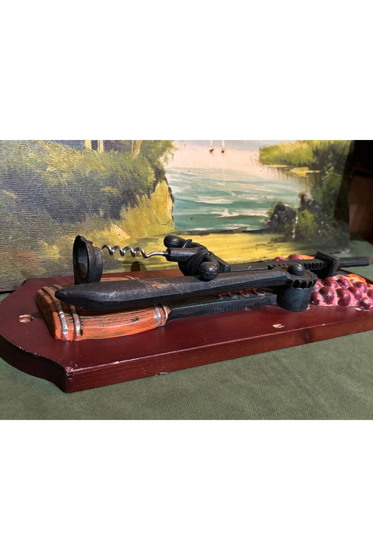 tayfuntufan antika koleksiyon-Wall Mounted Metal Wine Opener Corkscrew on Wooden Base Measures 41 cm 14 cm 6