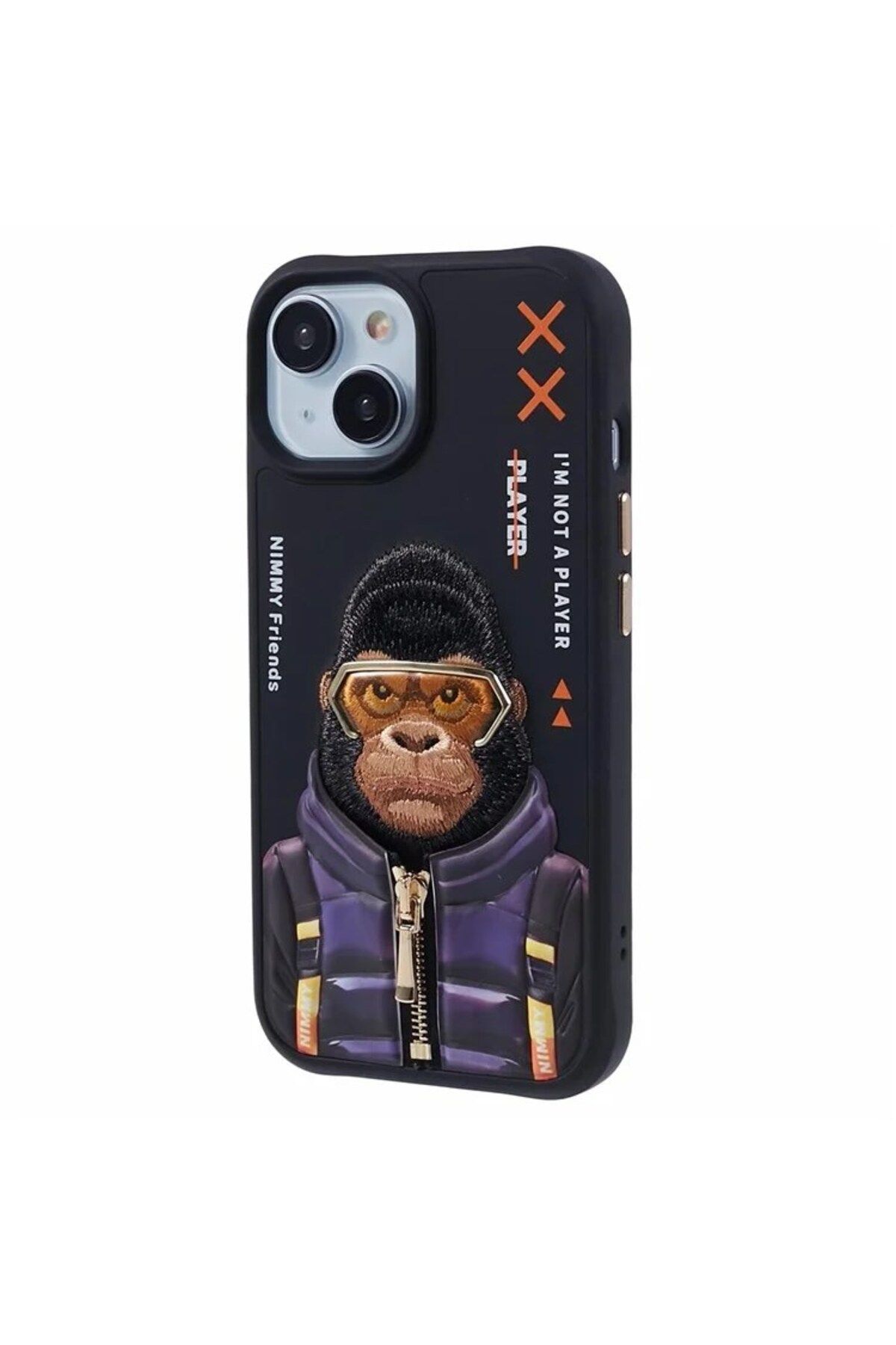 Nimmy iPhone 15 Uyumlu 3D Gözlük Fermuar Goril Detaylı Nakış İşlemeli Kabartmalı Cool Cute Kılıf