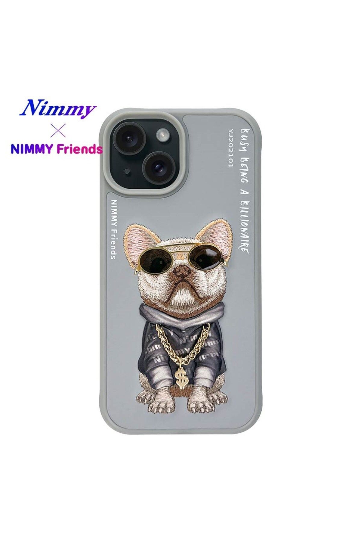 Nimmy iPhone 15 Uyumlu 3D Gözlük Dolar Zincir Köpek Detaylı Nakış İşlemeli Kabartmalı Cool Glasses Kılıf