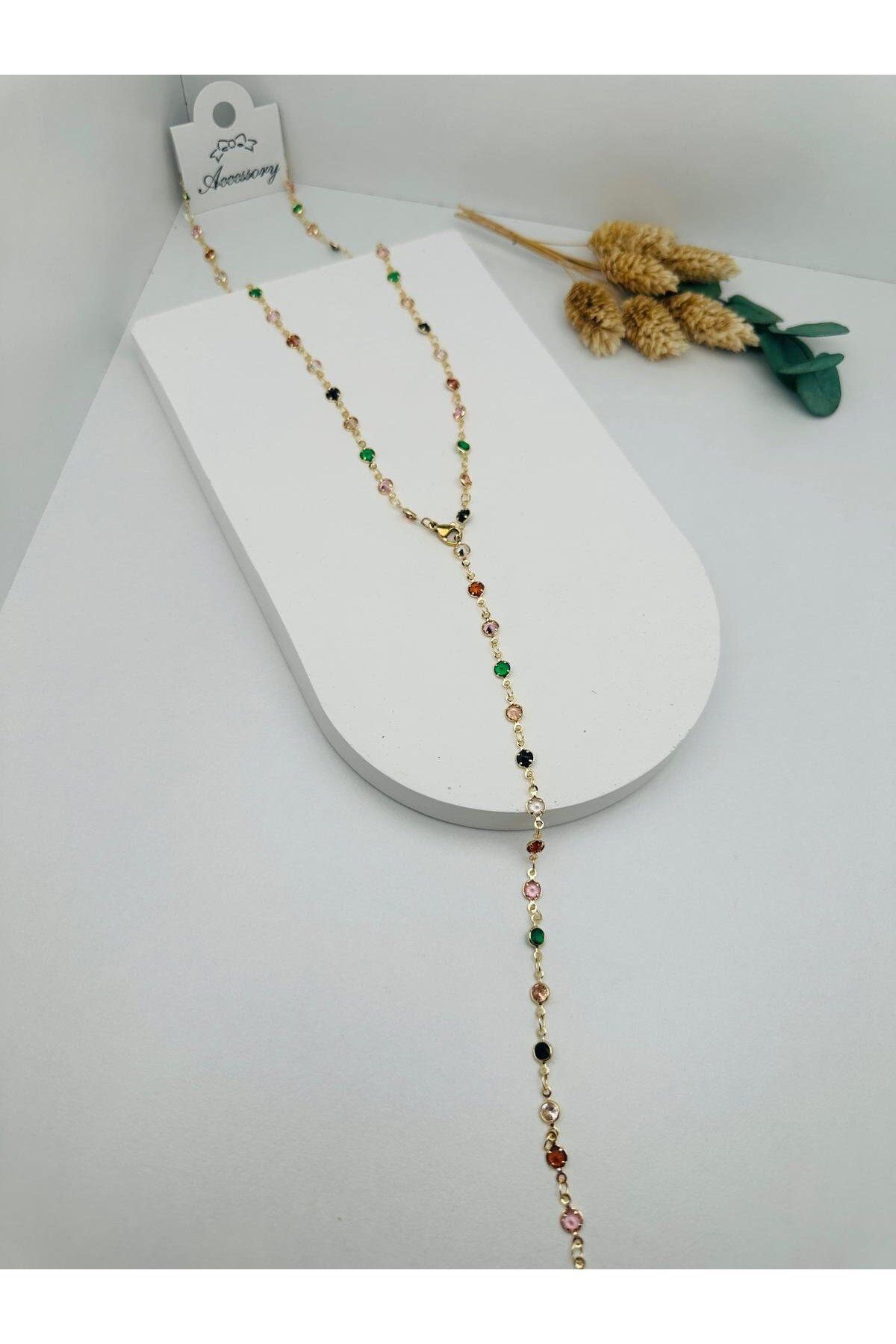 HEDİYELANDY 60 Cm Renkli Taşlı Tasarım Bijuteri Y Kolye (Gold) 010706