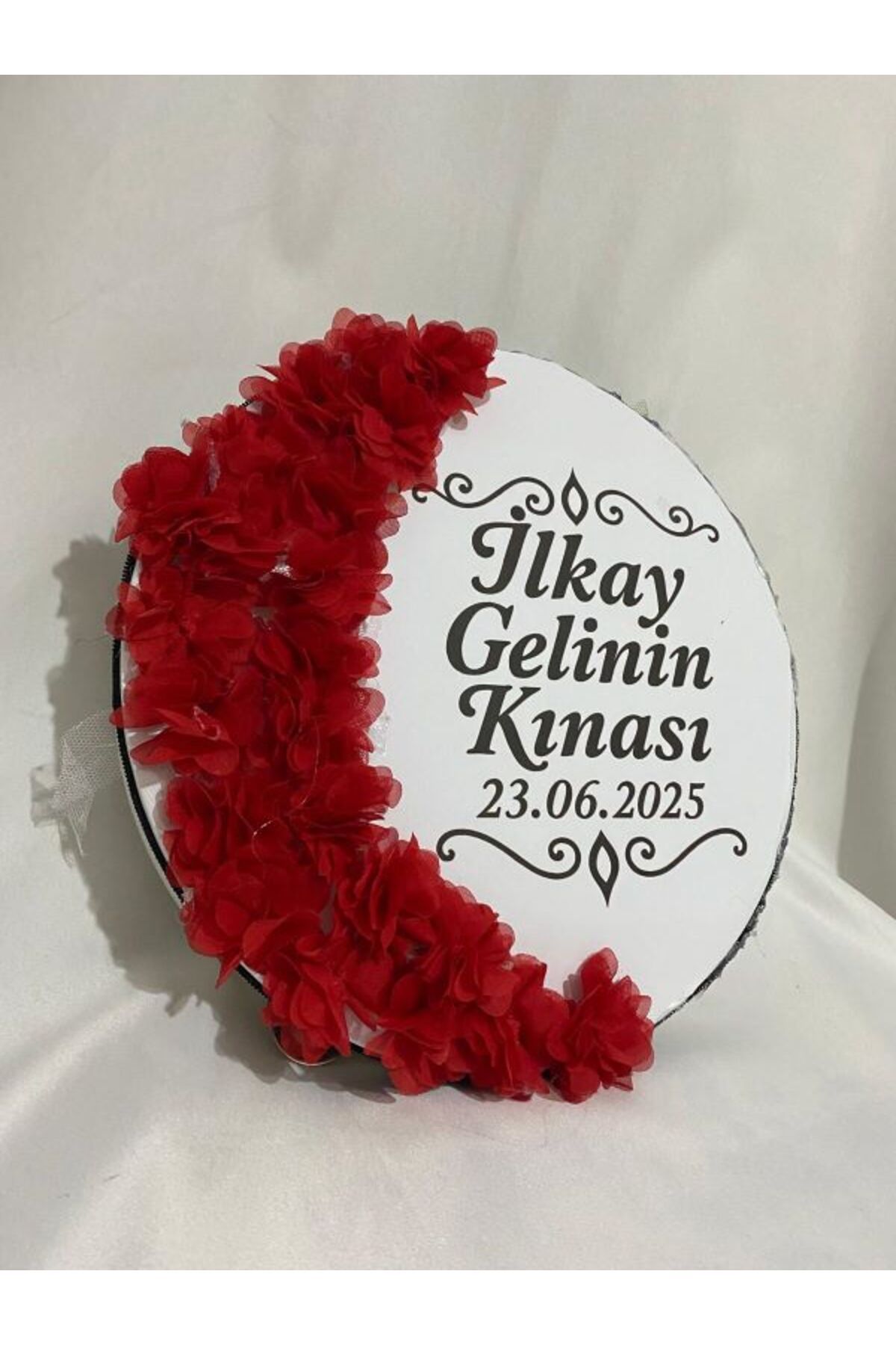 ARHEDİYELİK Gelin Tefi 30cm, İsim ve Tarih Yazılı Yarım Ay Şeklinde Tasarlanmış Düğün Kına Tefi (KIRMIZI)