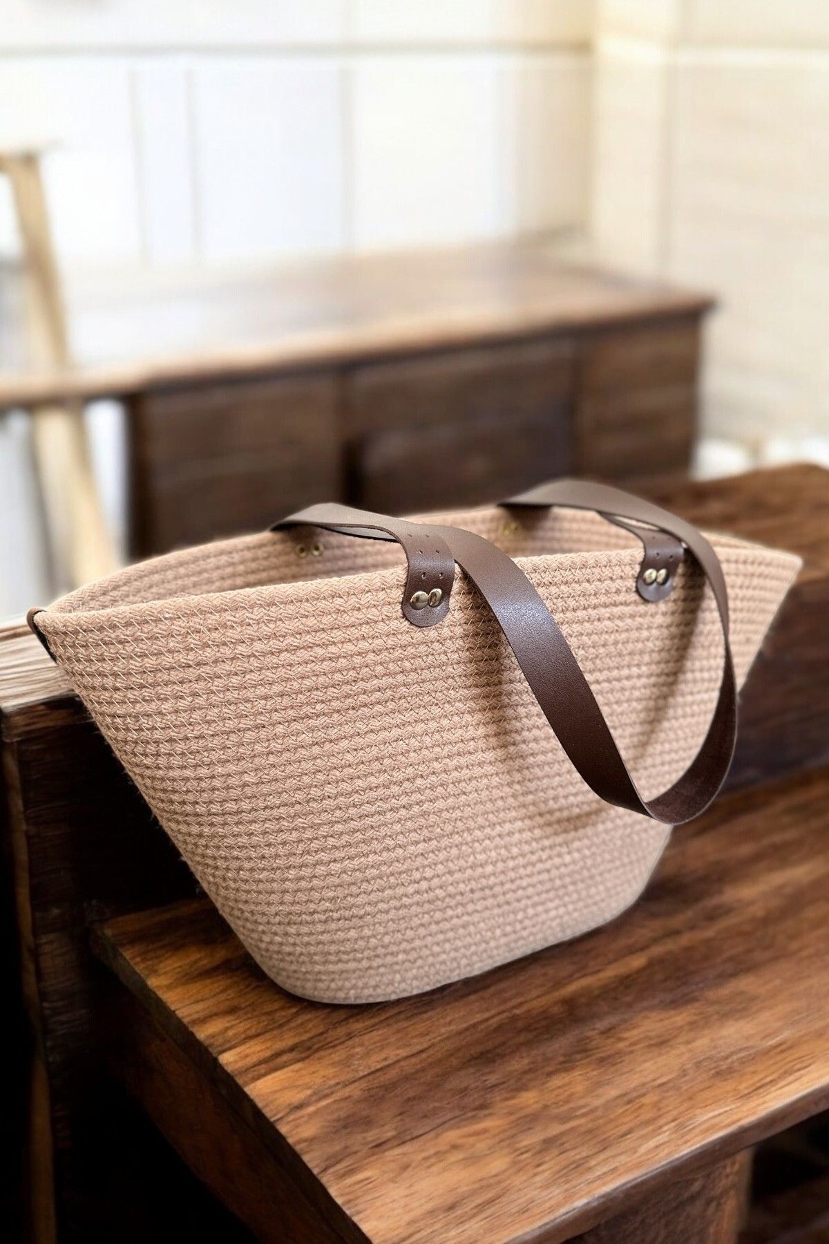 mom girl atelier Kadın Deri Saplı Kahverengi Omuz Çantası