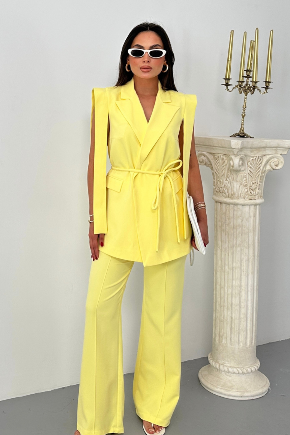 spirituel-Women's Top and Bottom Double Suit Shoulder Detailed Belted Vest Pants Suit 5