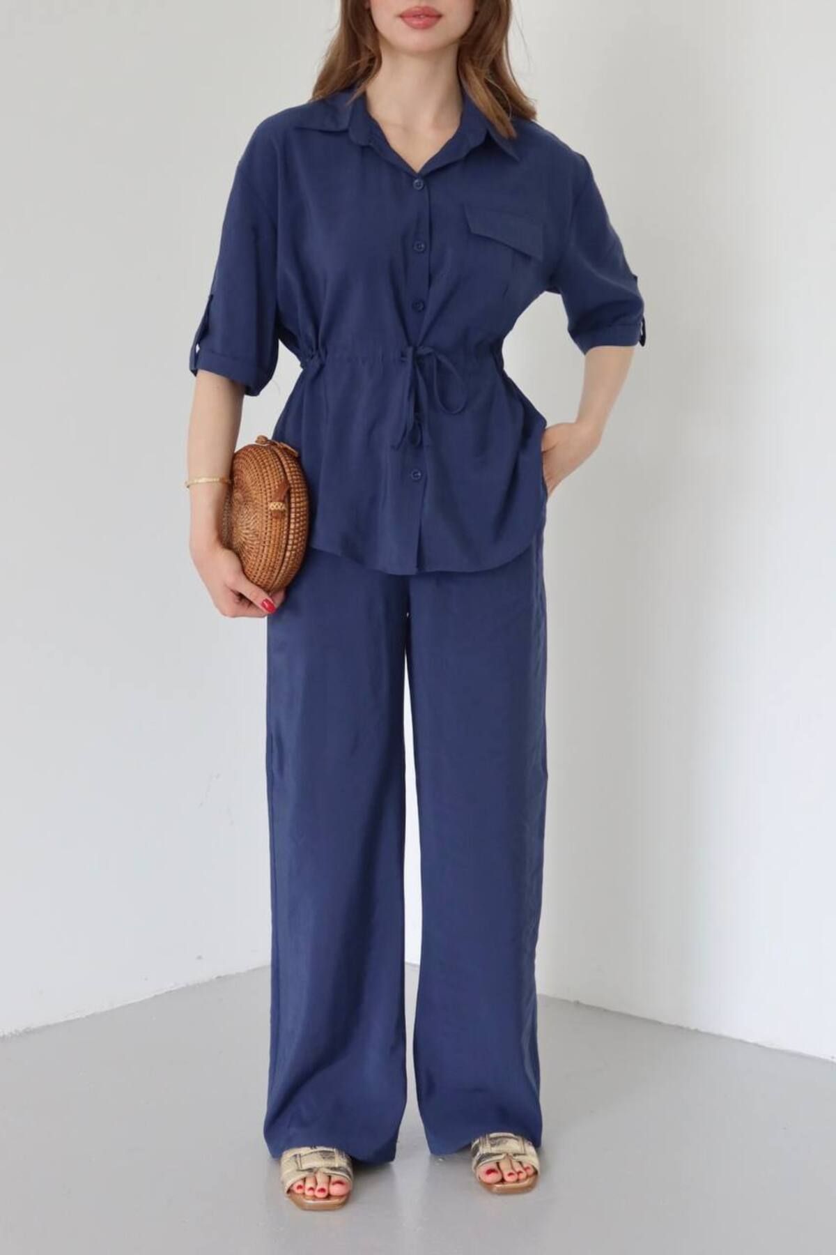 studio fashion 1988 Lacivert Modal Ten.Sel Kumaş Beli Büzgülü Gömlek Pantolon Takım