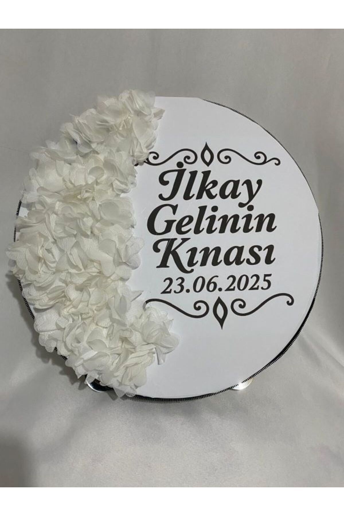 ARHEDİYELİK Gelin Tefi 30cm, İsim ve Tarih Yazılı Yarım Ay Şeklinde Tasarlanmış Düğün Kına Tefi (BEYAZ)