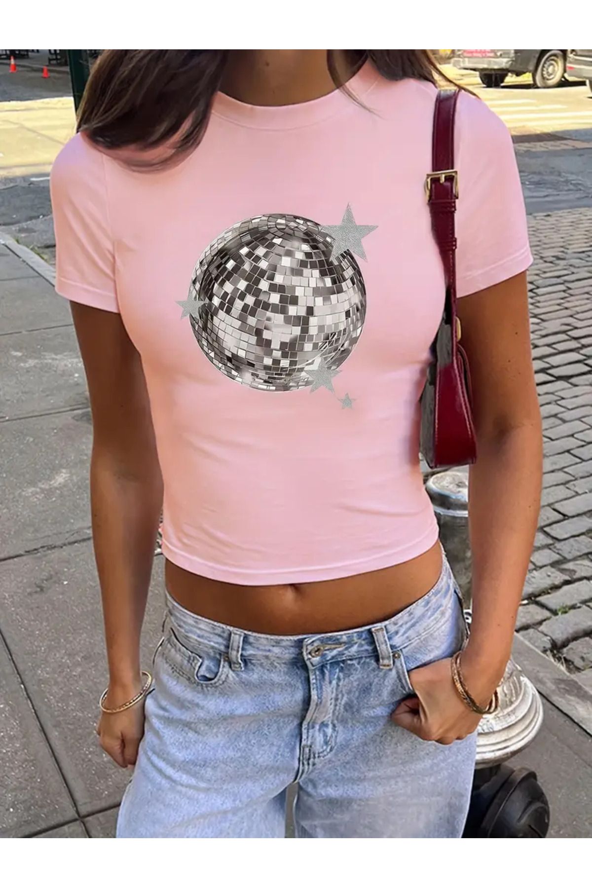 JANSO GROUP -KADIN CROP TSHIRT Disko Topu BASKILI PAMUKLU KUMAŞ