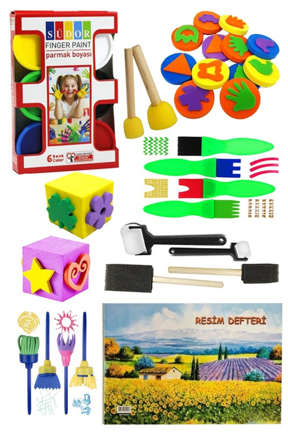 Artlantis Parmak Boyası 6 Renk Südor Resim Defteri 25x35 Sünger Eva Baskı Damga Spatula Rulo Kesik Sünger Eva