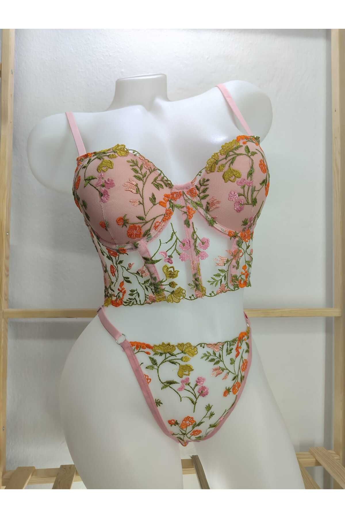 anjelithomewear 6615 - Çiçekli Büstiyer Takım