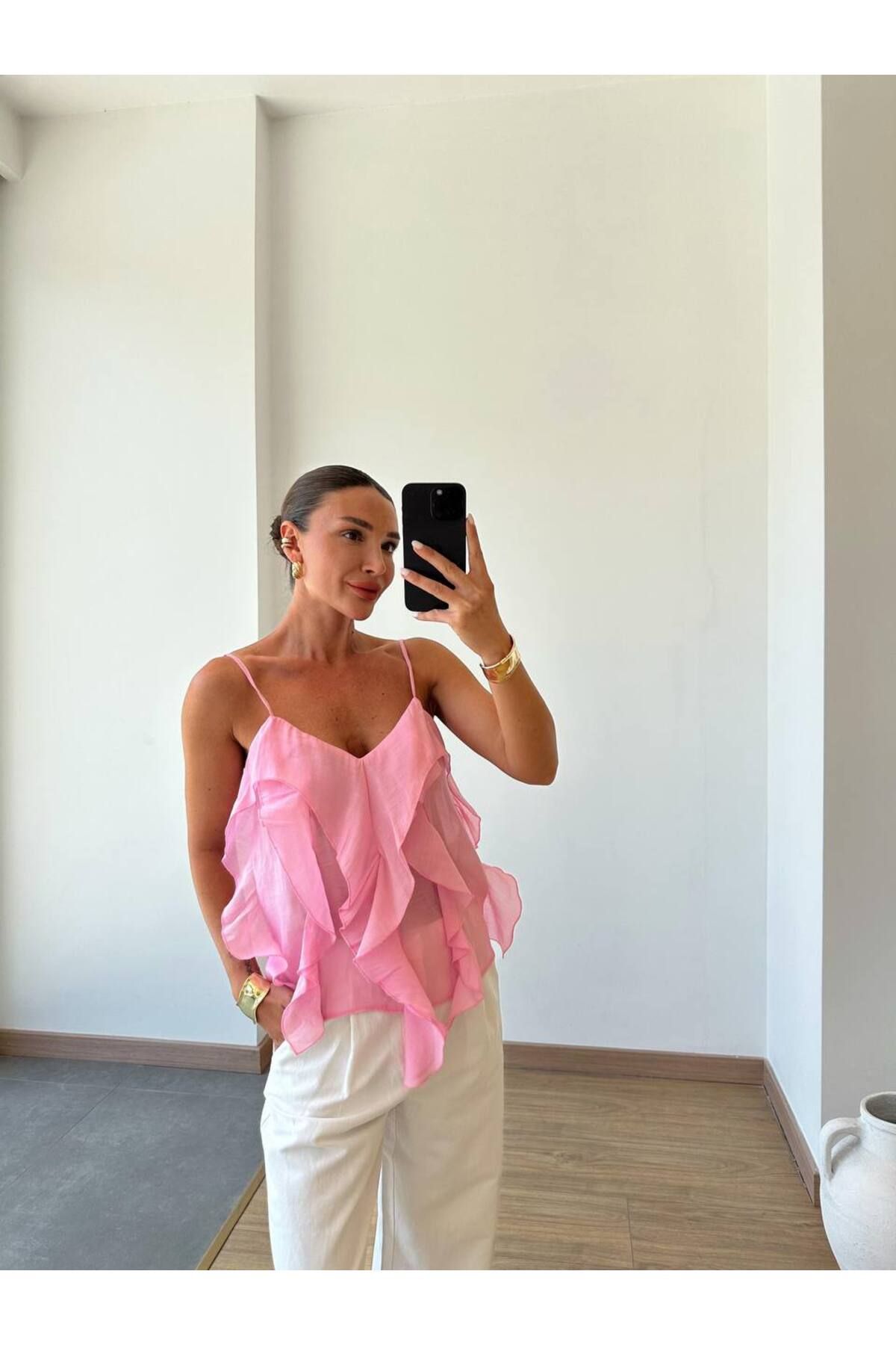 Miss Beyoğlu Tasarım Danmark Keten Kumaş Fırfır Detaylı Askılı Salaş Bluz