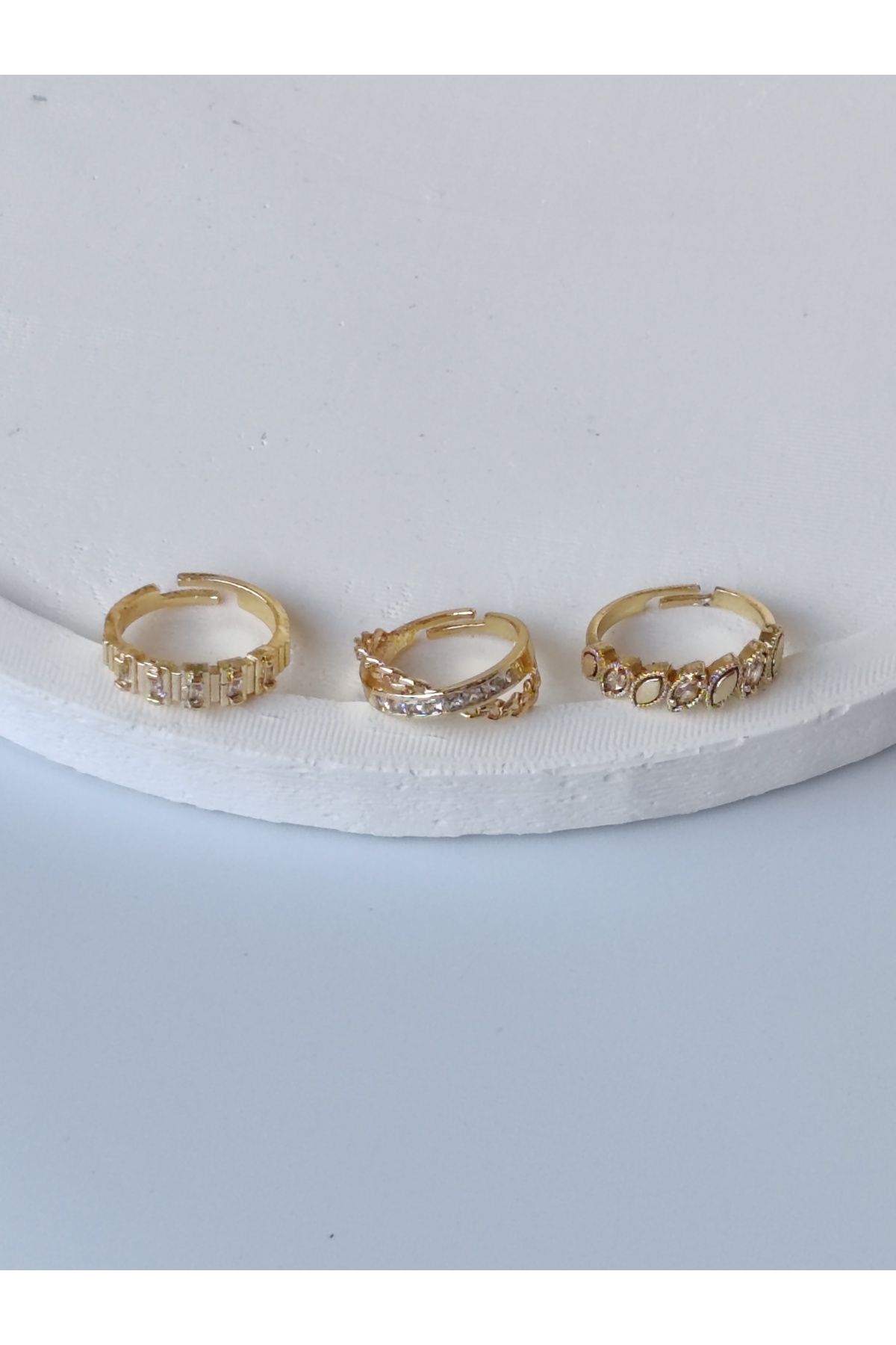 YK JEWELRY Ayarlanabilir Üçlü Yüzük Seti - Dikdörtgen Taşlı, Çapraz Şeritli, Yaprak Formlu Zirkon Taşlı Yüzük