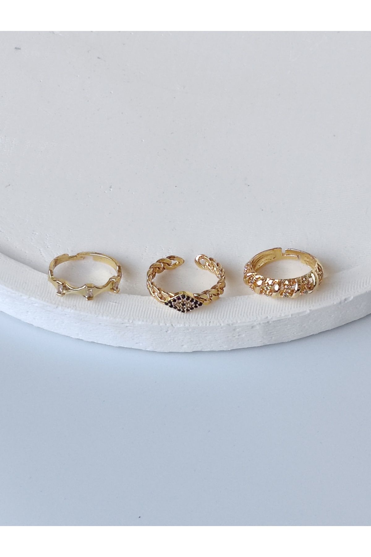 YK JEWELRY Ayarlanabilir Üçlü Yüzük Seti - Zincir Desenli, Dalga Formlu, Kalın Burgu Model Zirkon Taşlı Yüzük