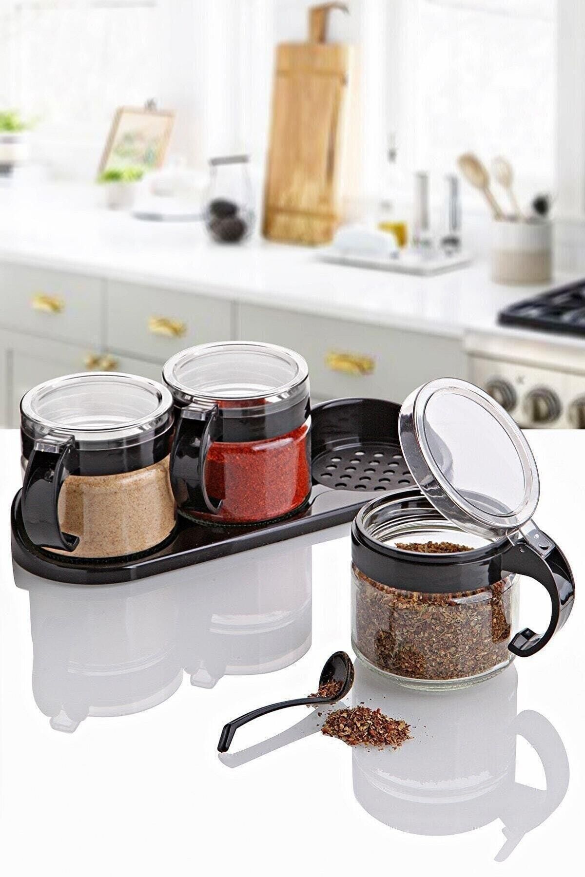 Gülsüm Aydın Cam Baharatlık 3 Lü Set 300ml Kaşıklı Siyah