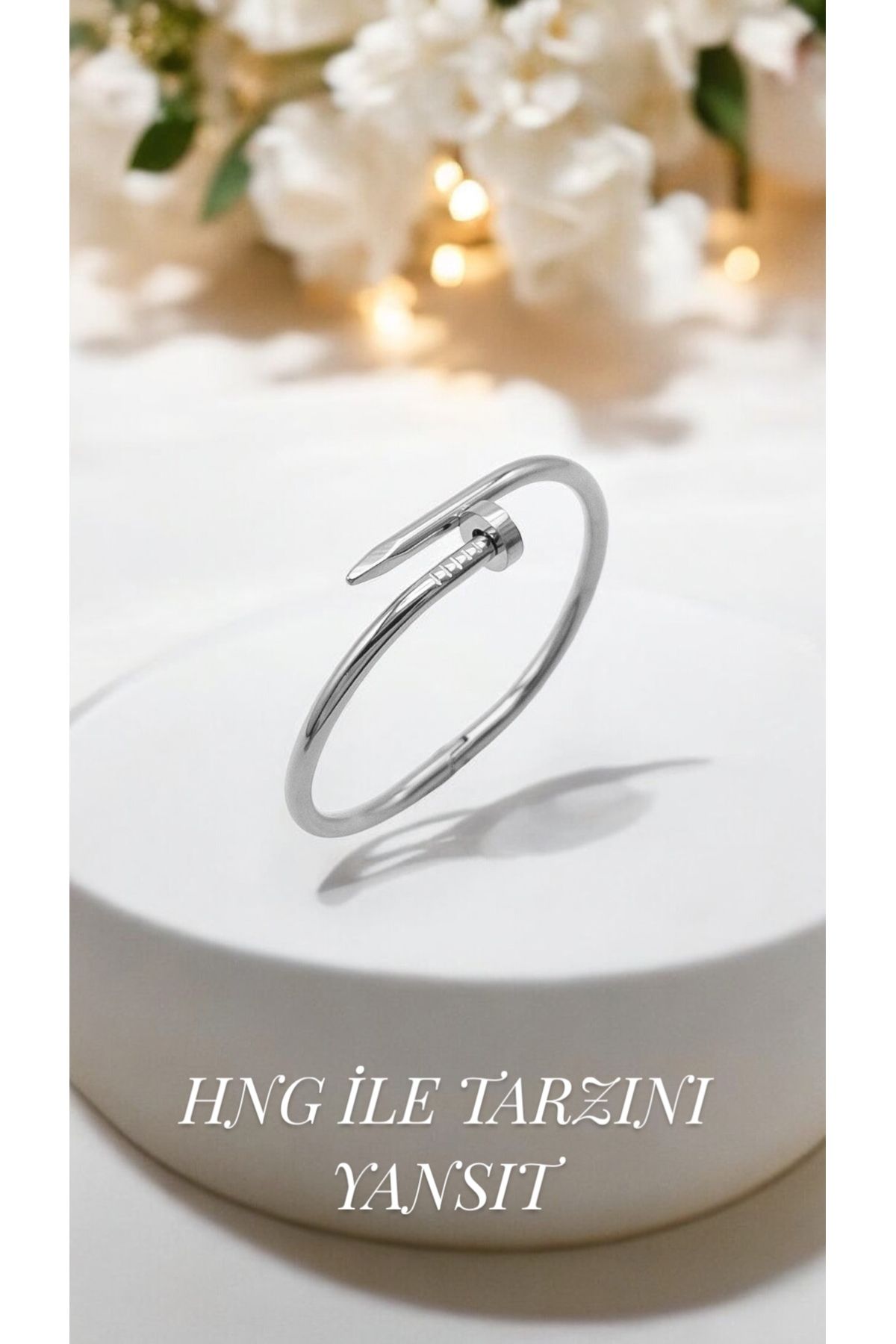 HNG JEWELRY Gümüş renk çivi model kelepçe bileklik