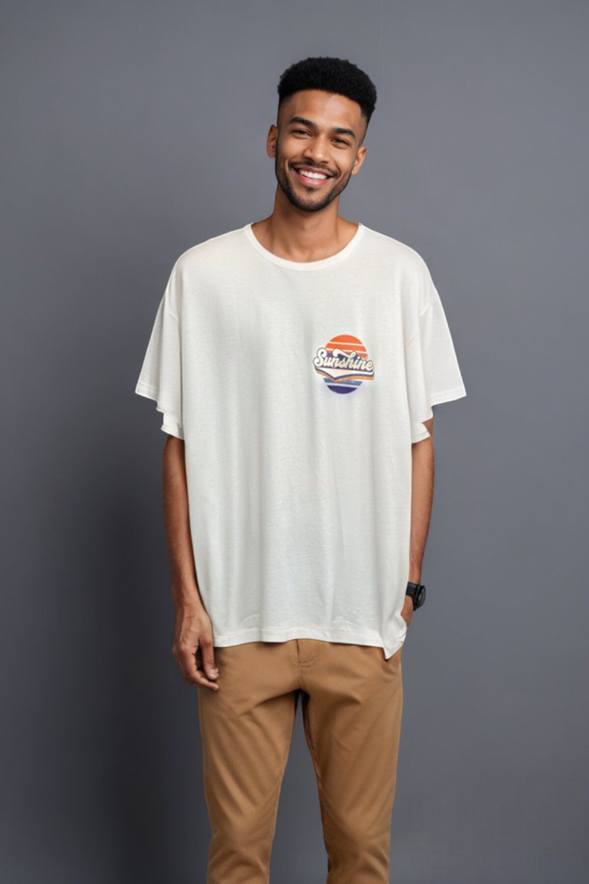 CANMODA Retro Sunshine Baskılı Oversize Tişört - Beyaz