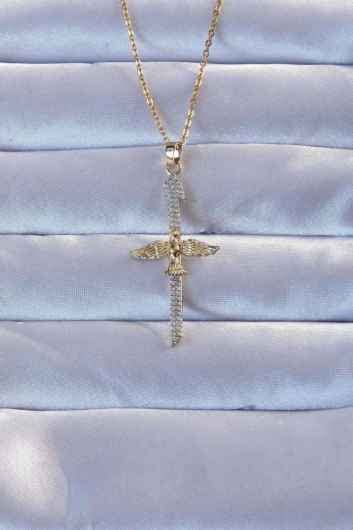 Angel Of Life 316L Altın Renk Zirkon Taşlı Kılıç Model Anka Kuşu Kolye - TJ-BKO9274