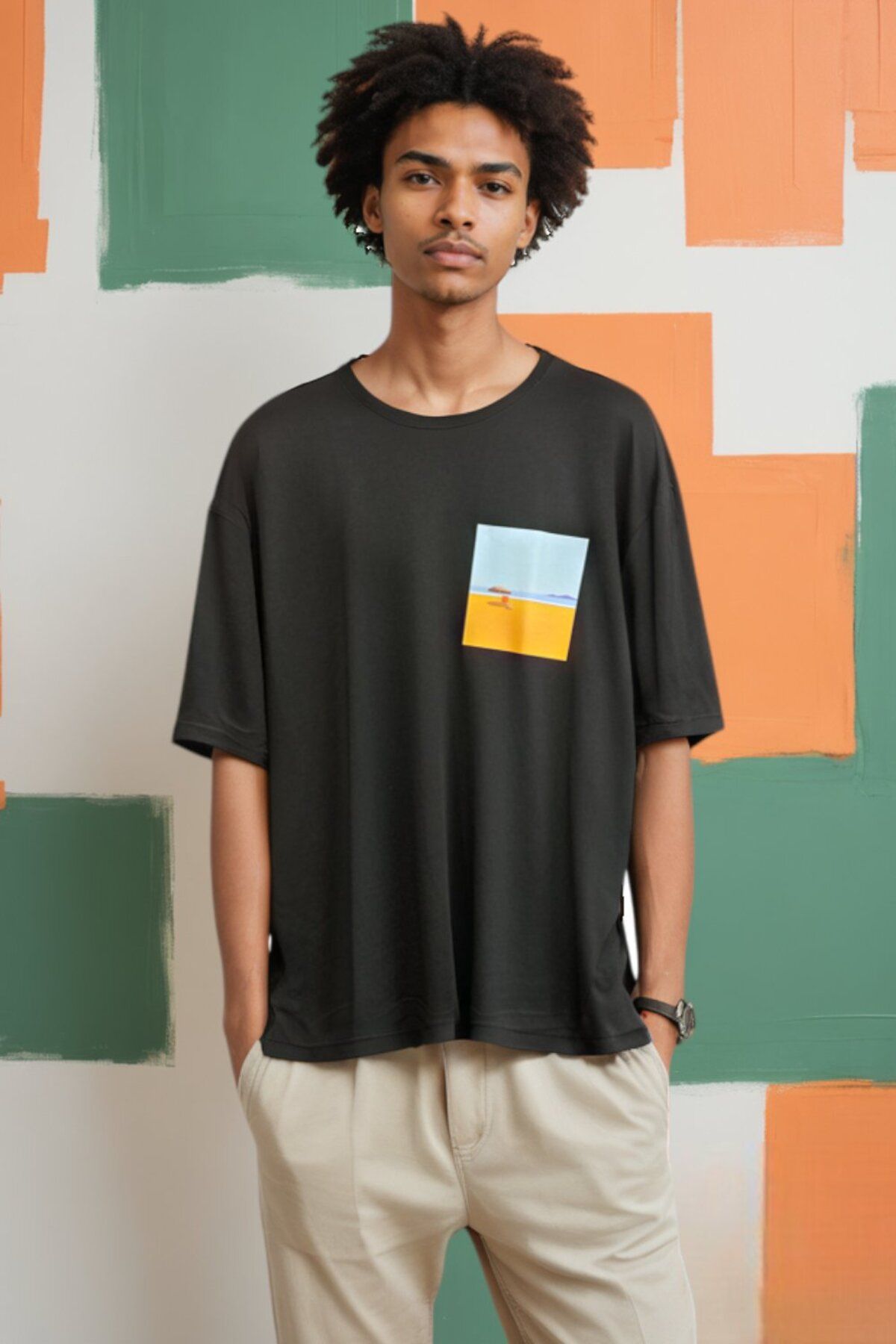 CANMODA Retro Plaj Tasarımlı Oversize Tişört - Siyah