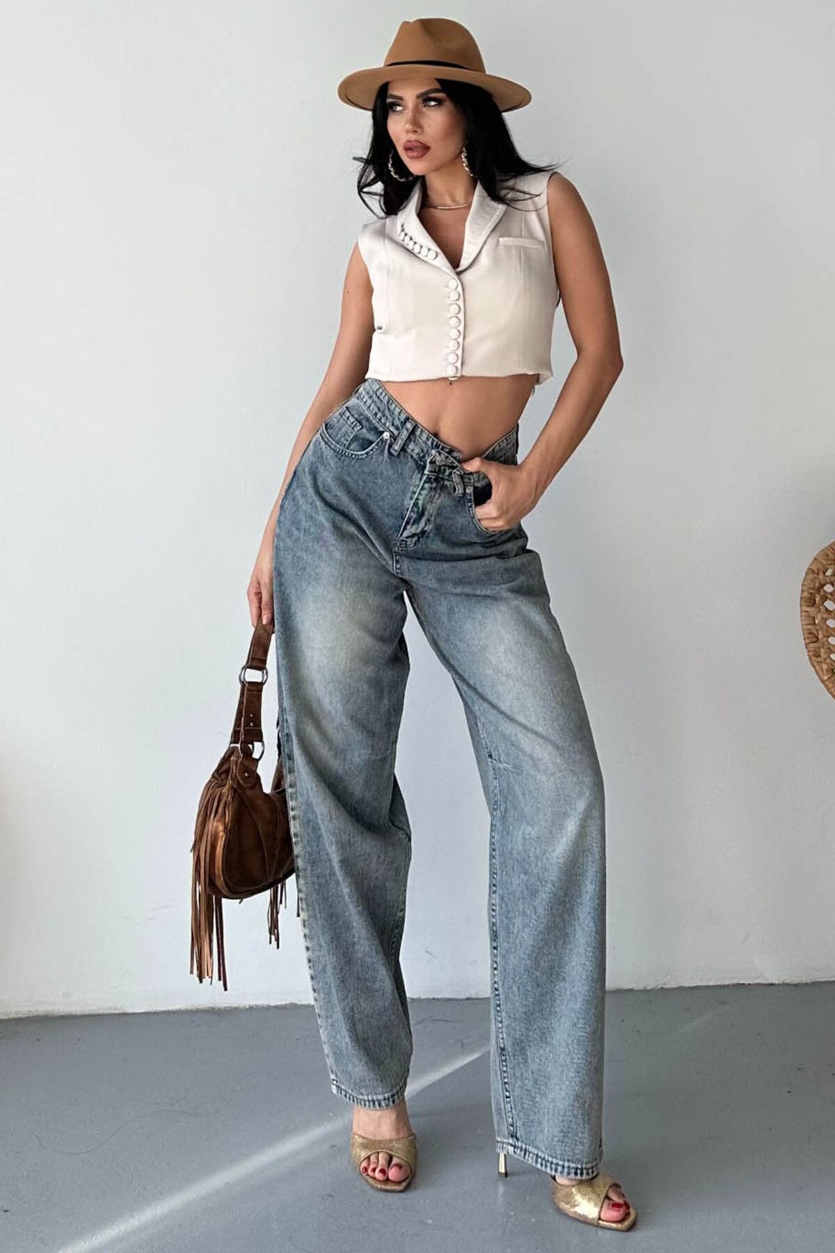 TOFİSA Tokalı Baggy Kot Pantolon Kahve - 27297
