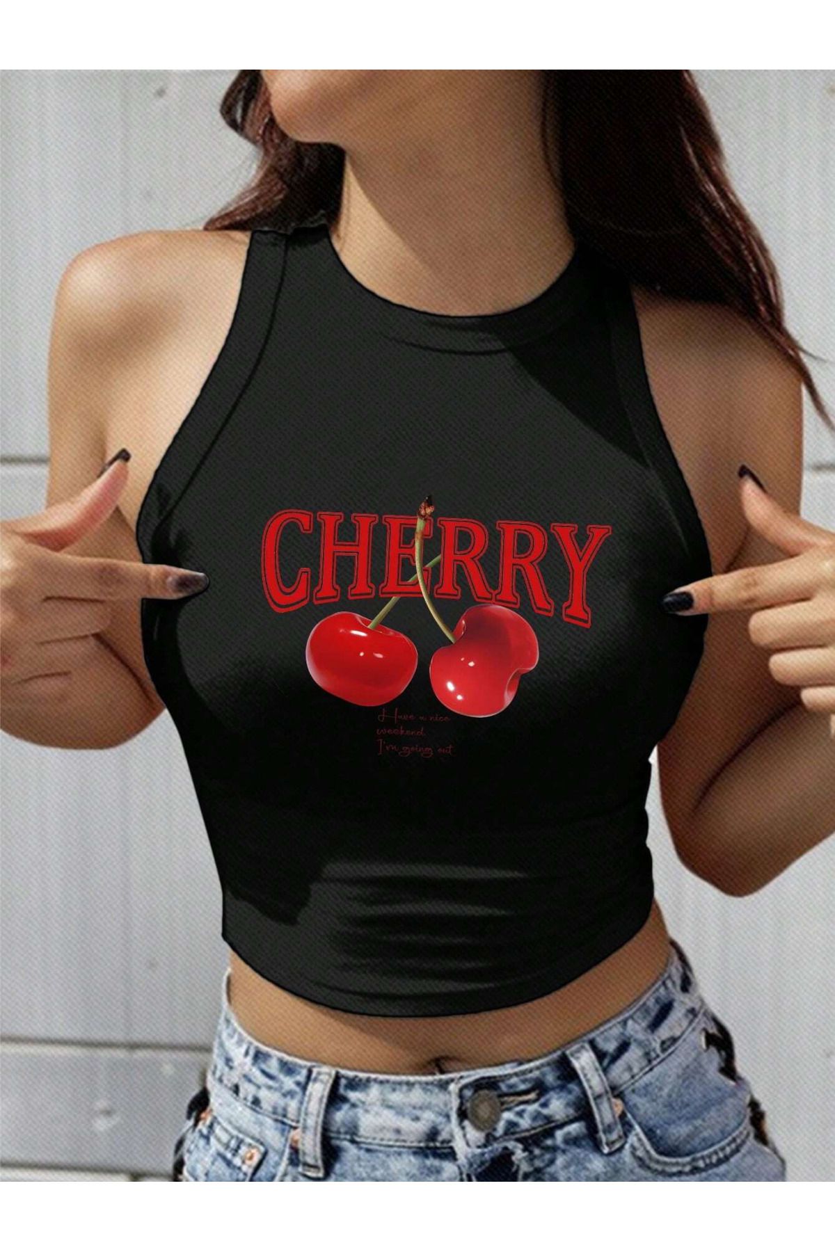 Bozz&Bozz Collection Kadın Have a Nice Weekend Cherry Kolsuz Halter Yaka Crop Atlet