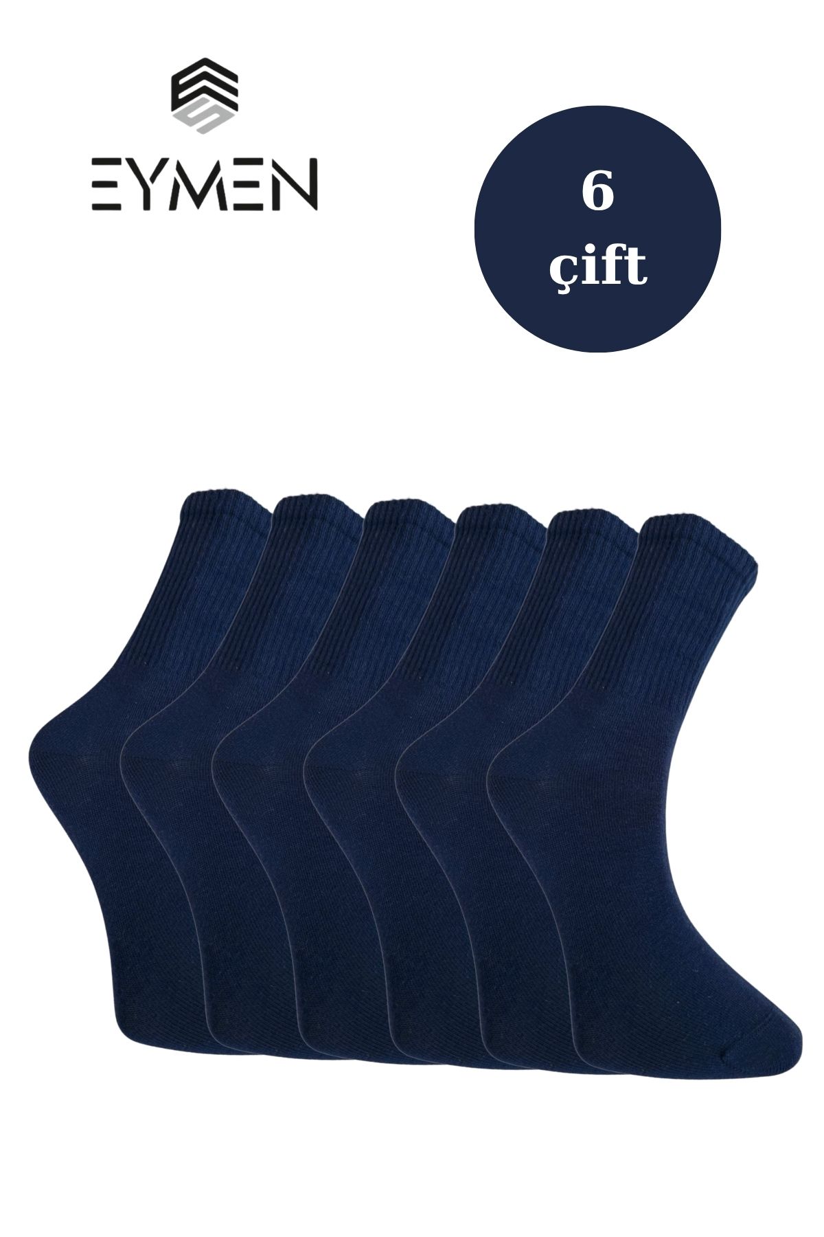 Eymen Socks 6'lı Paket Unisex Kolej & Tenis Çorabı Düz Renk Lacivert | Pamuklu Uzun (KADIN & ERKEK)