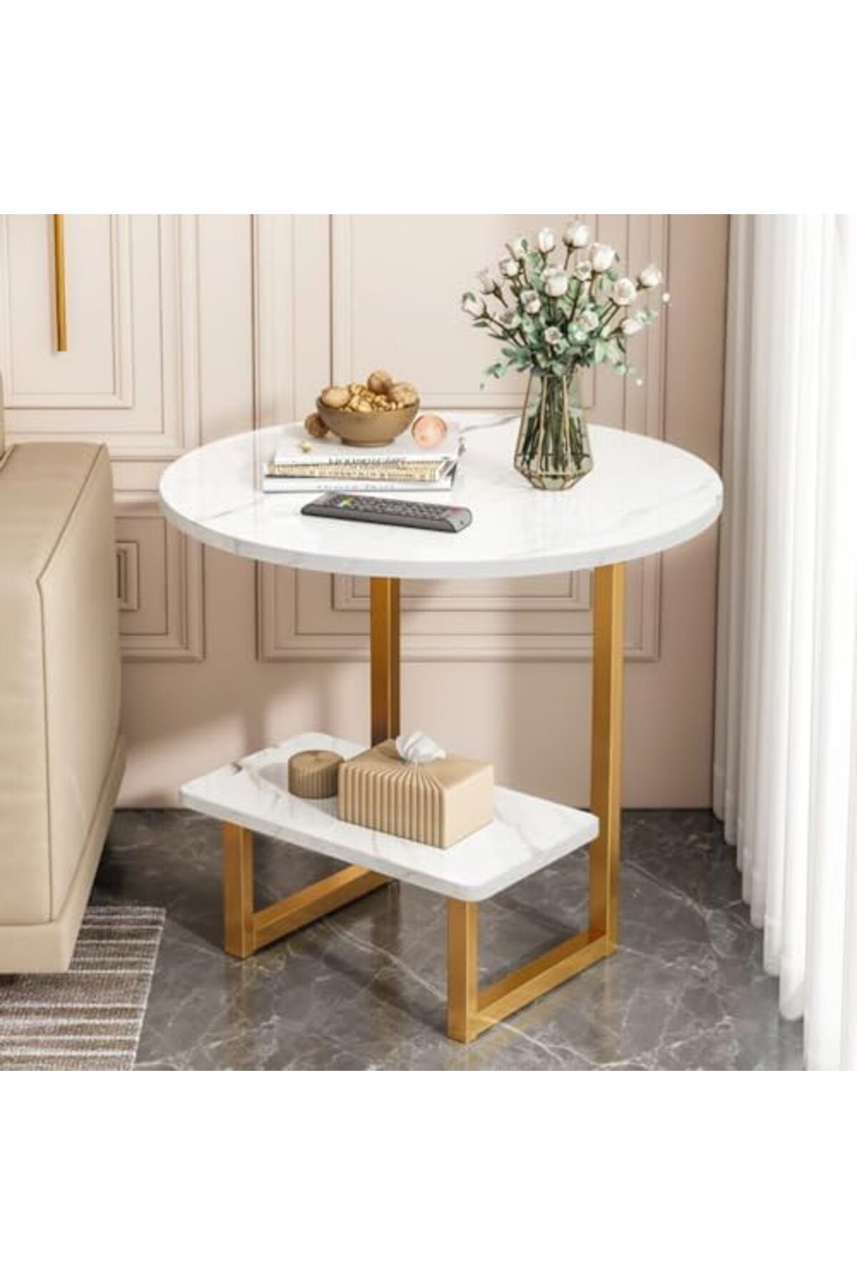 Generic-Small Place Endtable Side Table with Open Storage, 2-Tier Modern Marble Texture End Table, Sofa Side 1