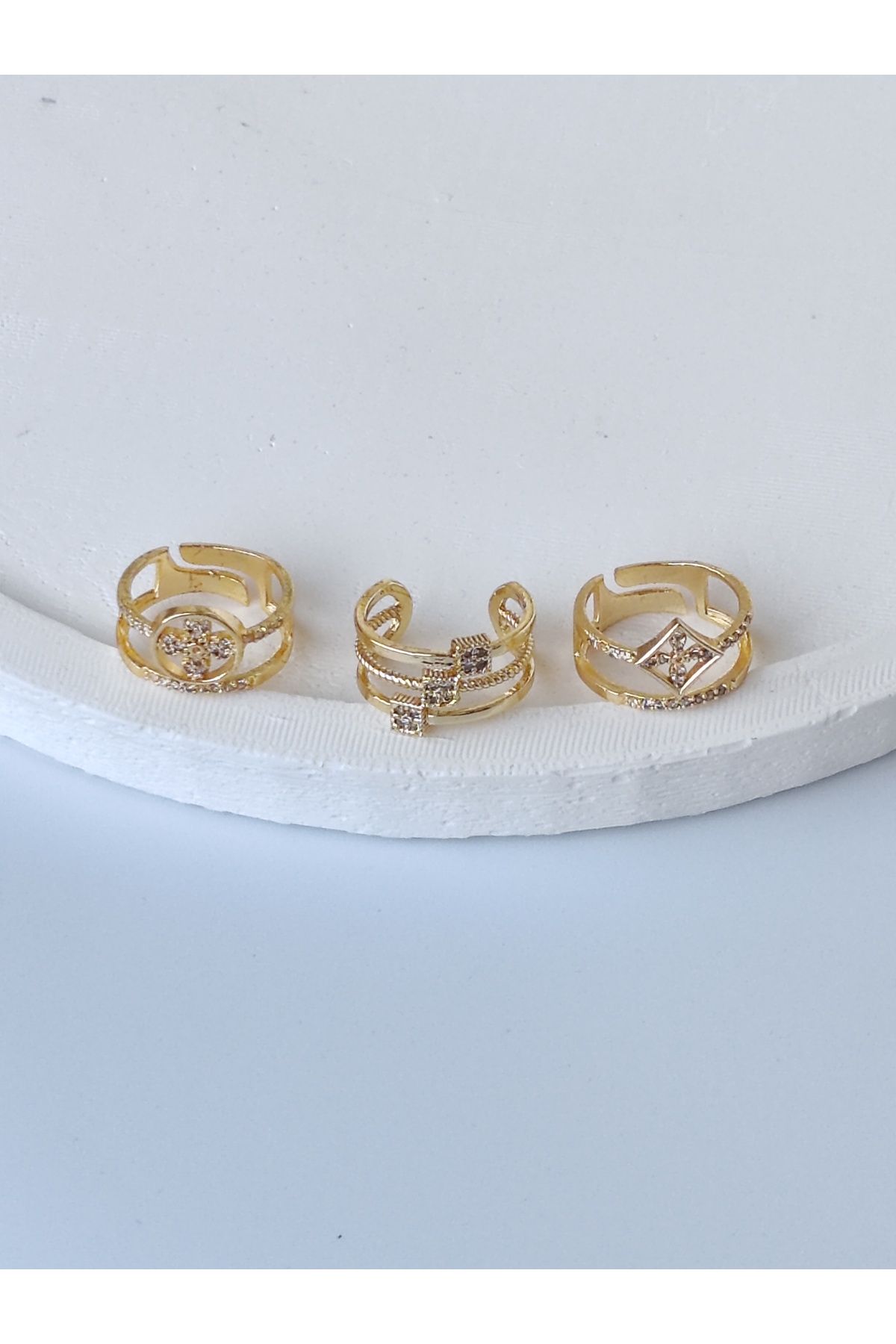 YK JEWELRY Ayarlanabilir Üçlü Yüzük Seti - Üç Sıra Taş Detaylı, İki Sıra Yuvarlak Ve Kare Detaylı Zirkon Yüzük