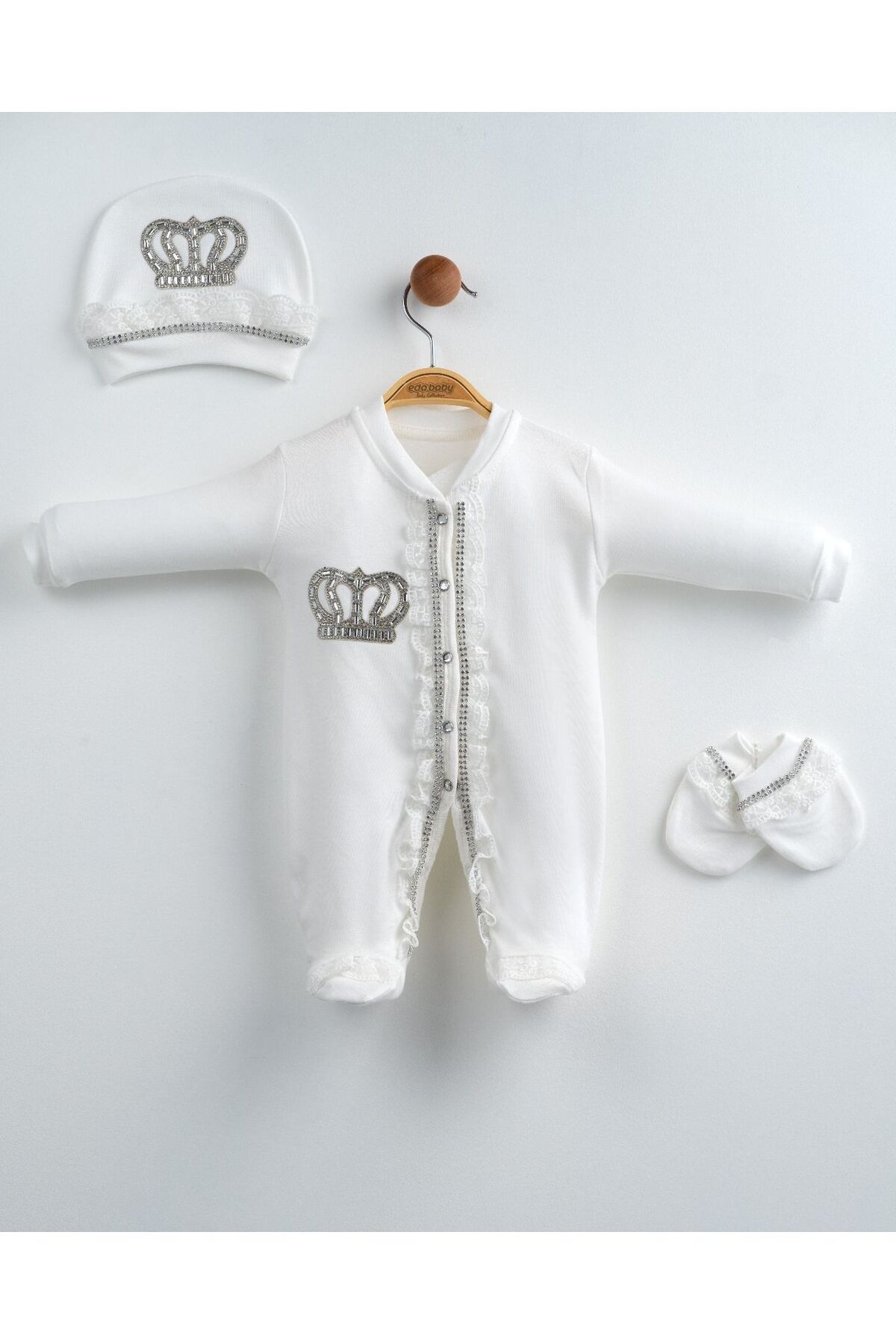 yuga kids Taç İşlemeli 3 Parça Hastane Çıkışı Yenidoğan Tulum Set