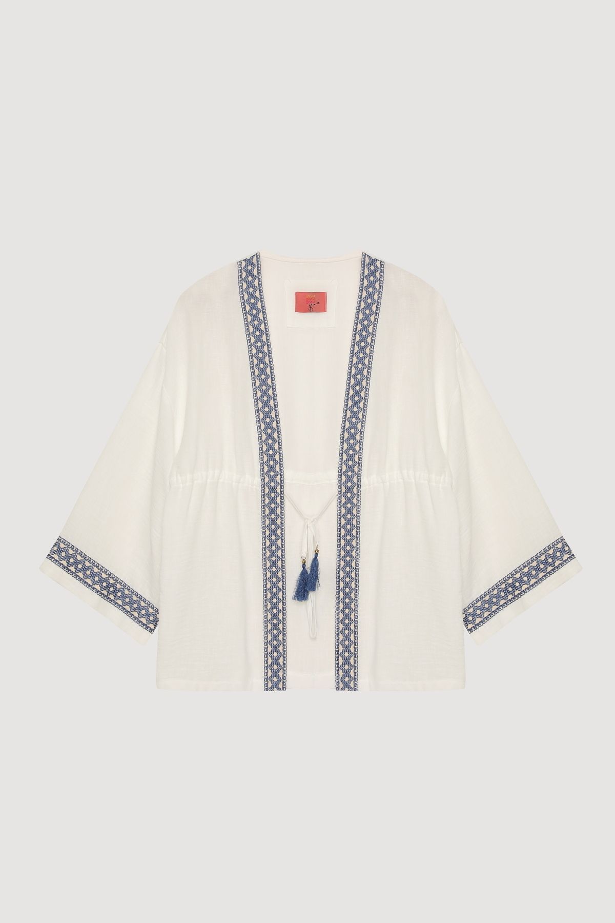 Quzu Şerit Nakış Detaylı Beli Bağlamalı Kimono Ekru