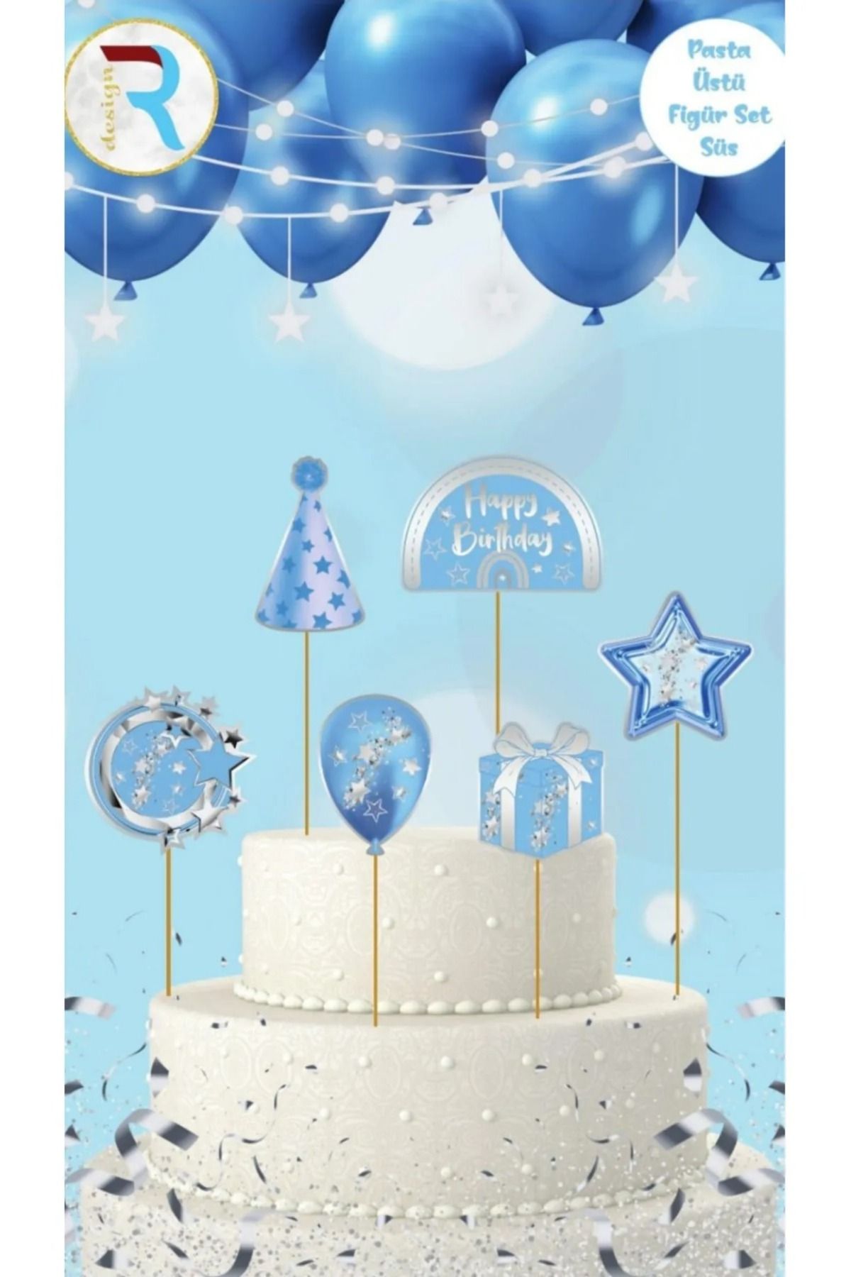 asöy Pasta Kürdanı mavi Pasta Üstü Süs Seti Renkli Doğum Günü Figürleri Parti Süsü Cupcake Süsü Happy