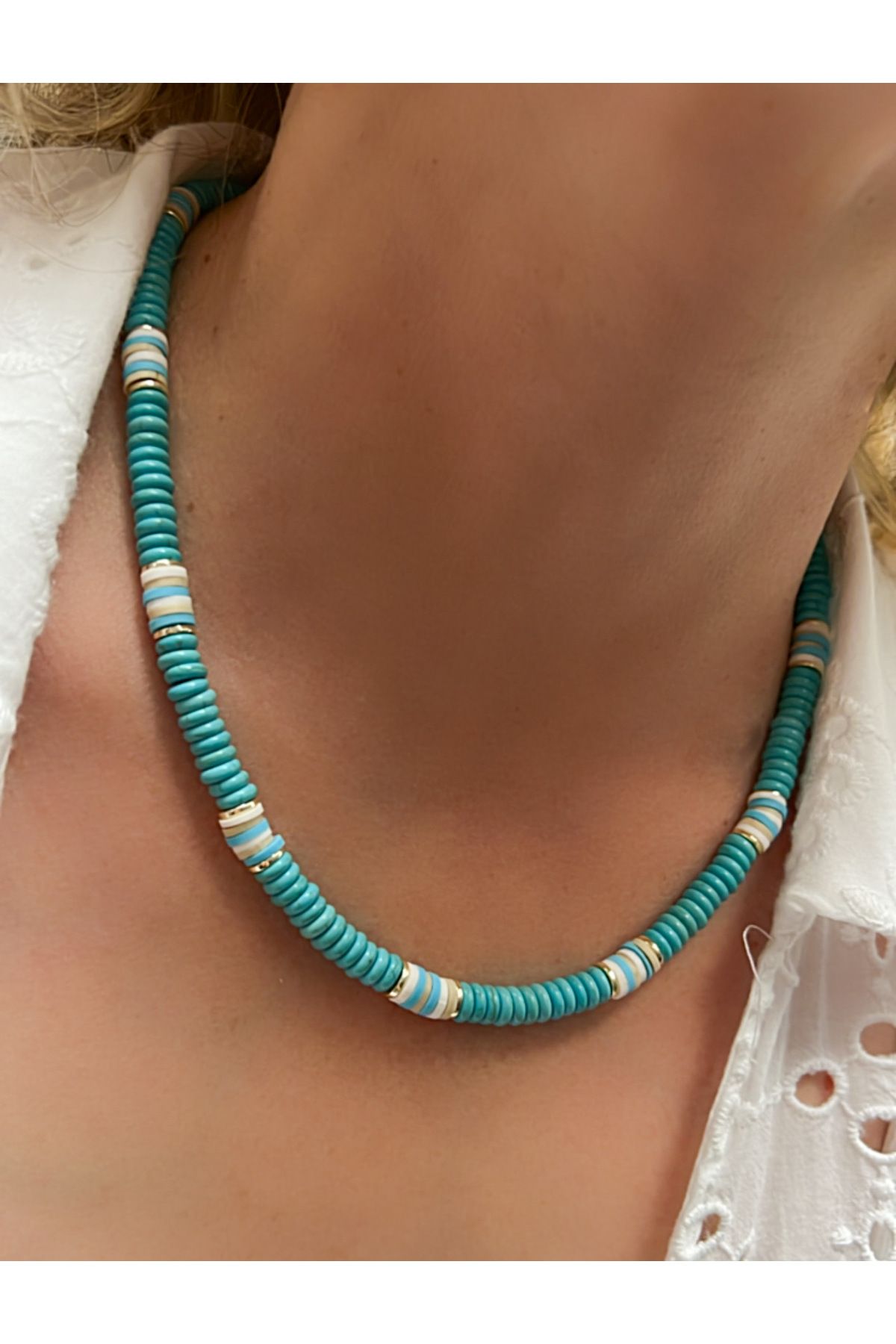 Kutcha Accessories Turkuaz Boncuklu Kadın Kolye – Yazlık El Yapımı Renkli Bohem Kolye