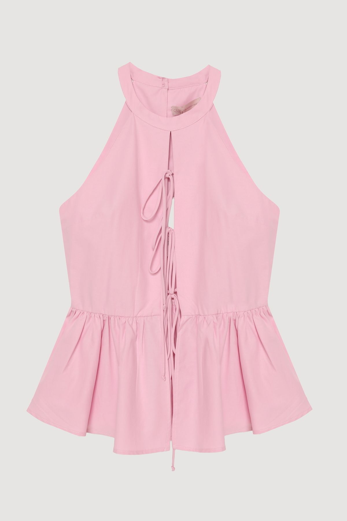 Quzu Önü Bağcıklı Halter Yaka Bluz Pembe