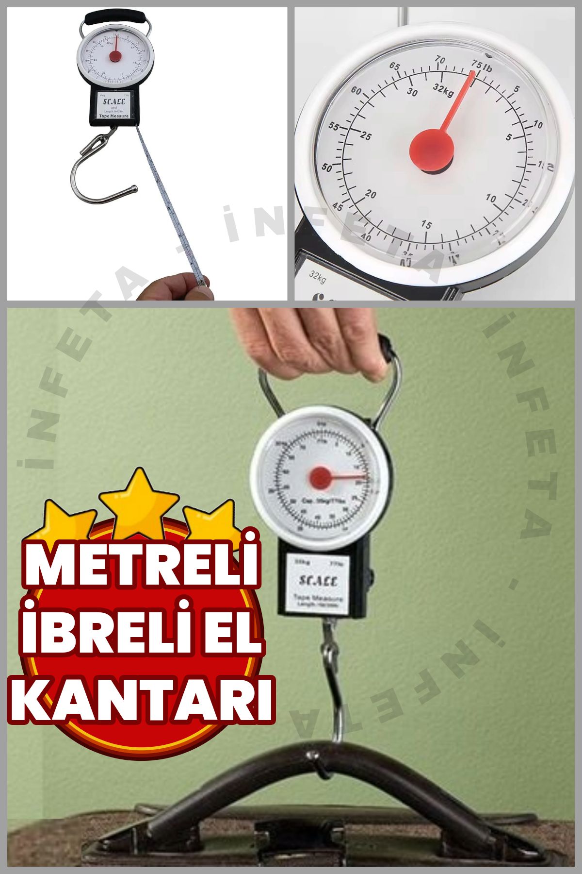 İnfeta Ibreli Mezuralı El Kantarı Balıkçı Hurdacı Manav Tartı Metreli Tartı Kantar