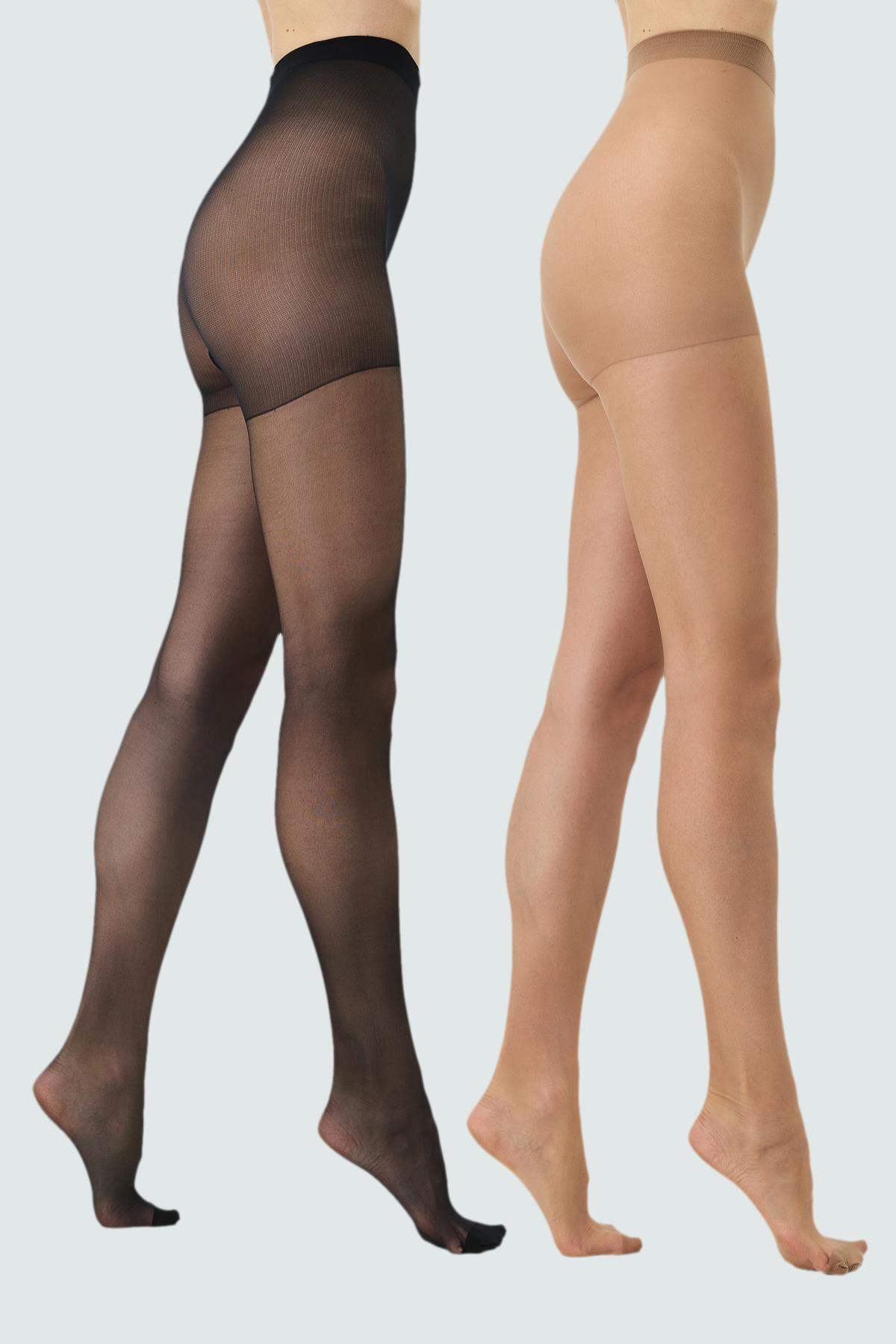 C&City İnce Büyük Beden 15 Denye 2'li Külotlu Çorap Soğan Kabuğu/Siyah