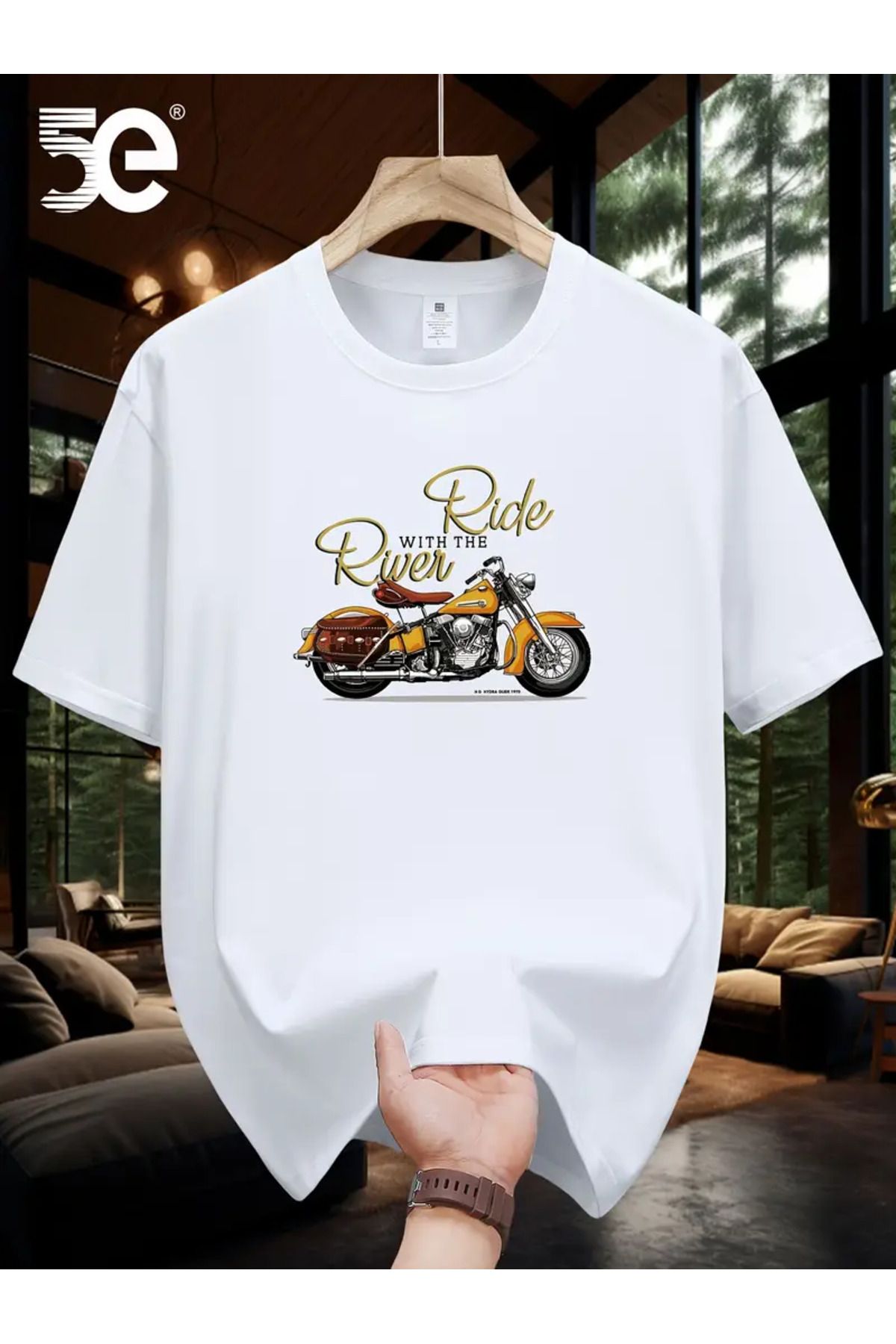 İnazuma Outdoors Unisex Oversize Baskılı Pamuklu Bisiklet Yaka Kısa Kollu BEYAZ T-shirt Harley