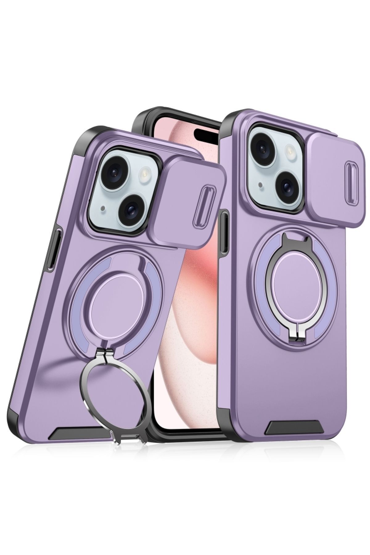 Wevox iPhone 15 Uyumlu Kılıf Kamera Korumalı Kızaklı Sürgülü Dönebilen Magsafe Stand Renkli Tank