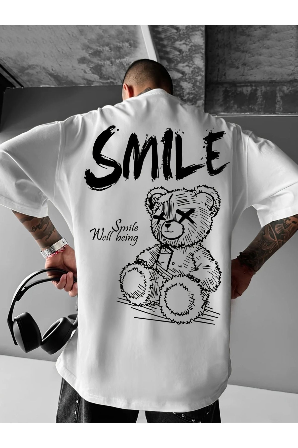 LAND MODA Erkekler için Parlak Sarı "SMILE" Grafik T-Shirt - Sokak Stili, Bol Kesim, Rahat Yuvarlak Yaka