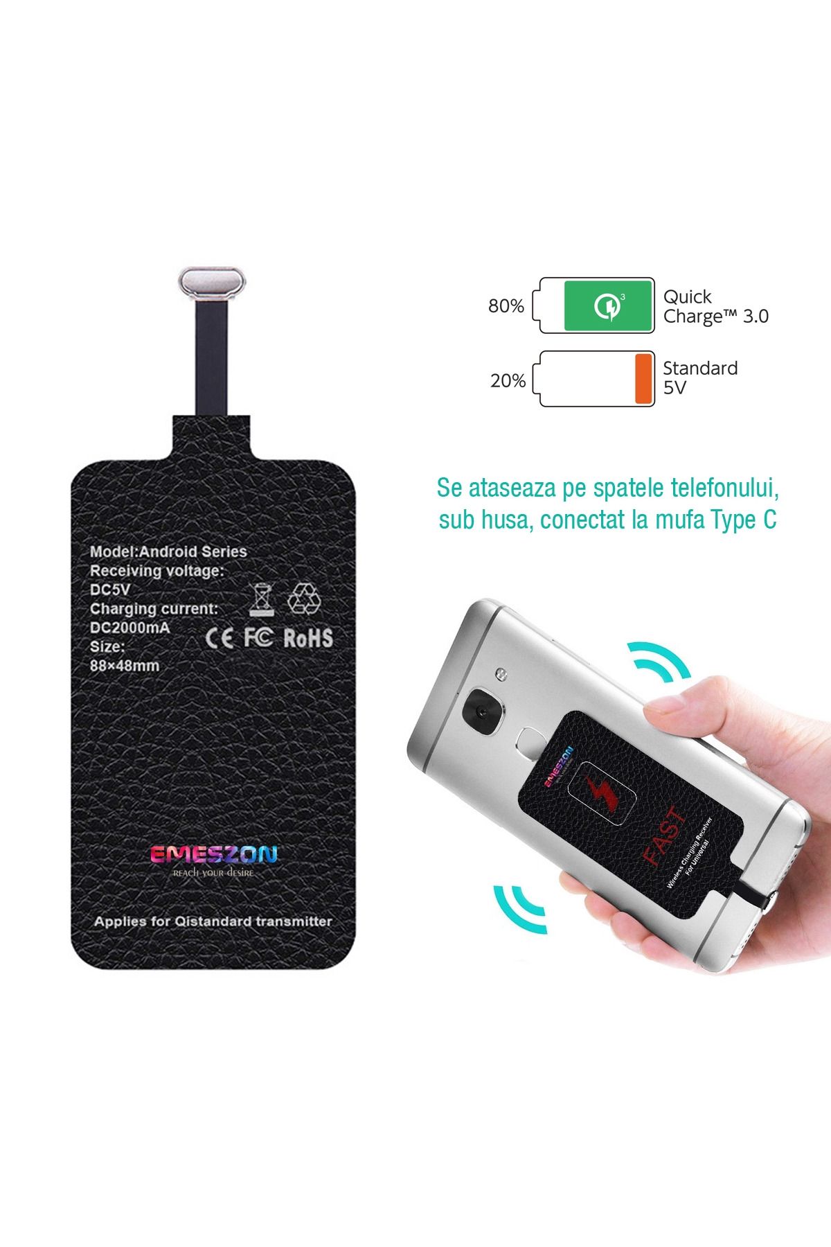 EMESZON-Încărcător wireless, EMESZON®, 10W 2A, Încărcare rapidă 3.0, Receptor wireless pentru telefon tip C, USB C, negru 3