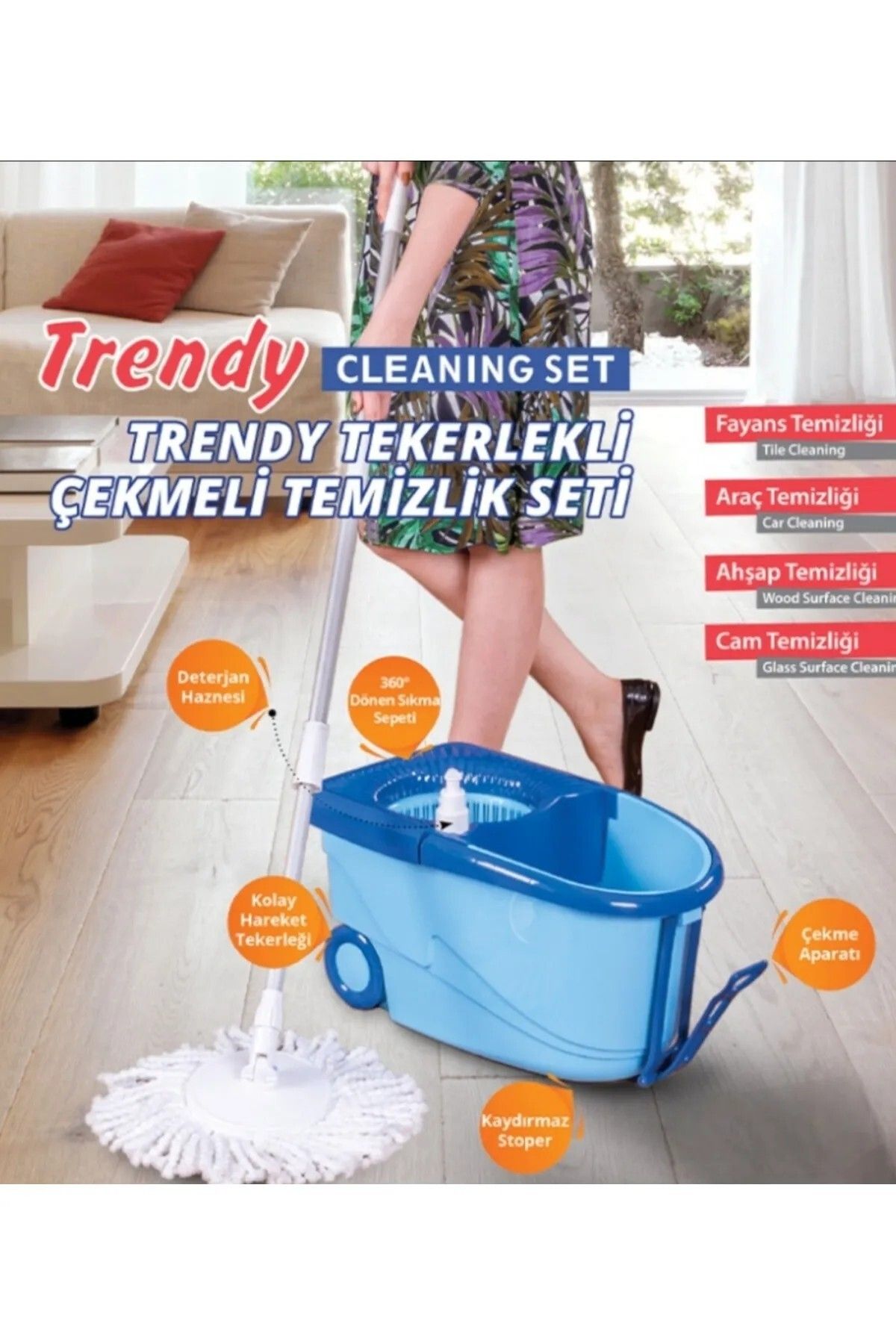 Leony Tekerlekli Çekmeli Mavi Temizlik Seti Paspas ve Mop