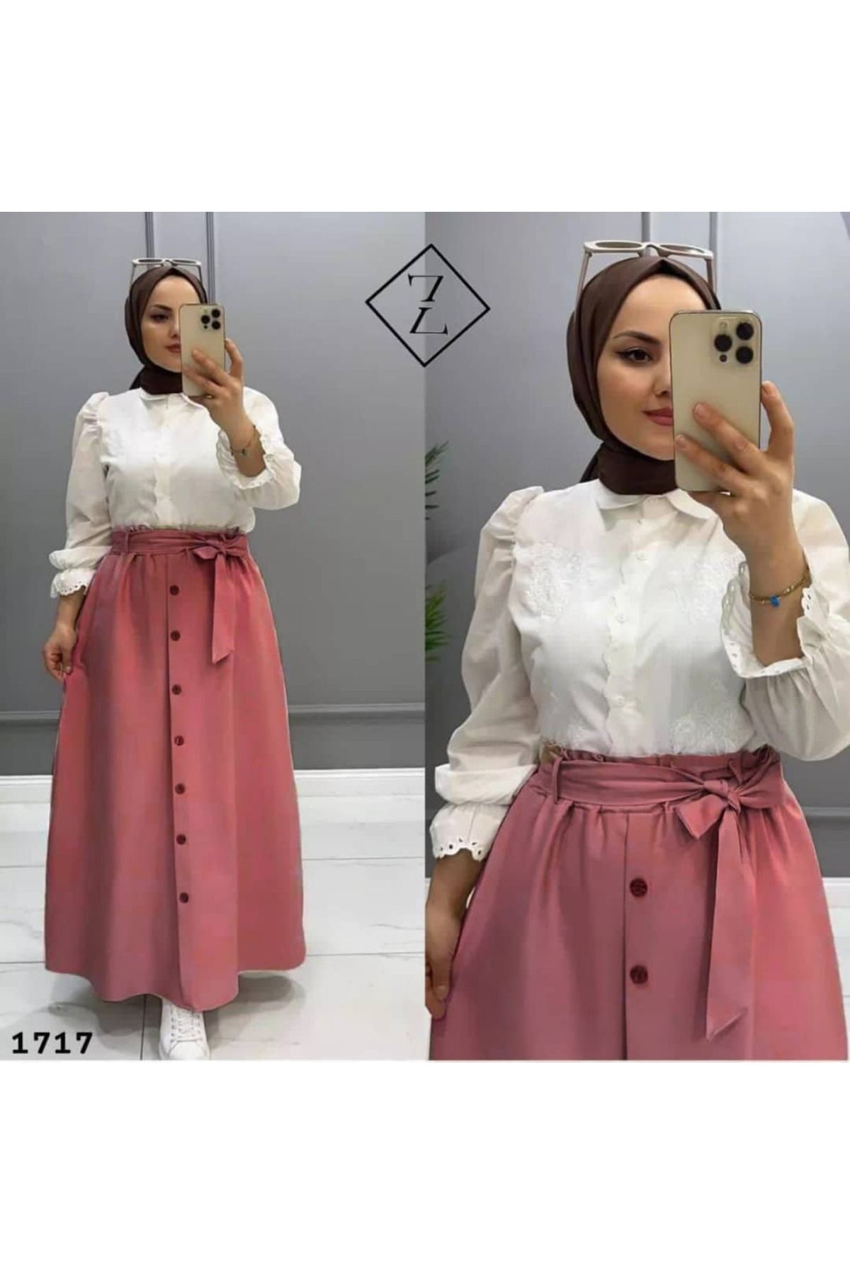 zümrüt moda düğme detaylı kemerli uzun etek 1717
