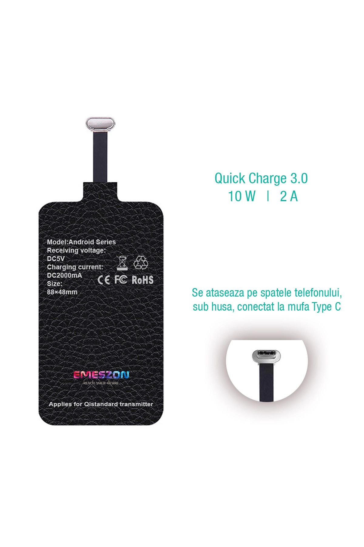EMESZON-Încărcător wireless, EMESZON®, 10W 2A, Încărcare rapidă 3.0, Receptor wireless pentru telefon tip C, USB C, negru 2