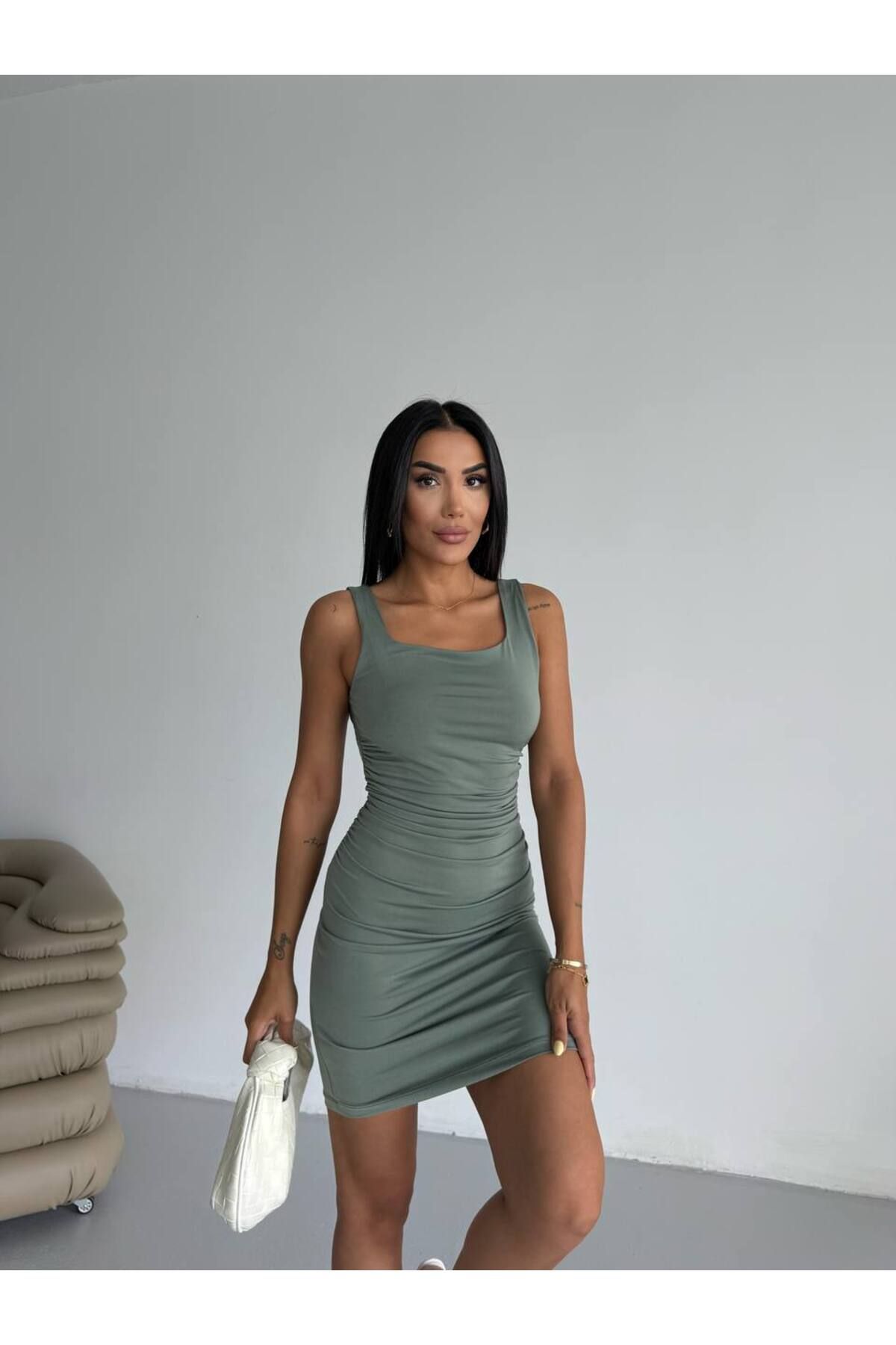 anyela glow " Kadın Yeşil Kalın Askılı Yanlardan Drapeli Mini Elbise