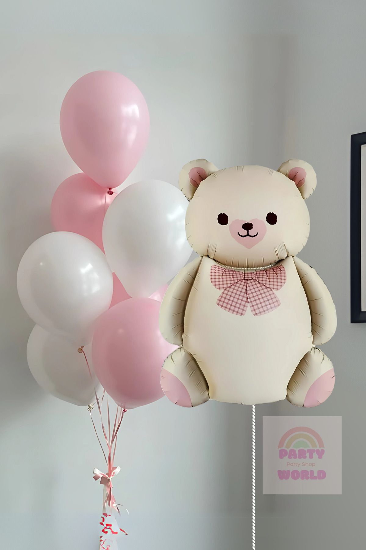 party world Krem Pembe Ayıcık Folyo Balon & 10’lu Pembe Beyaz Balon Seti