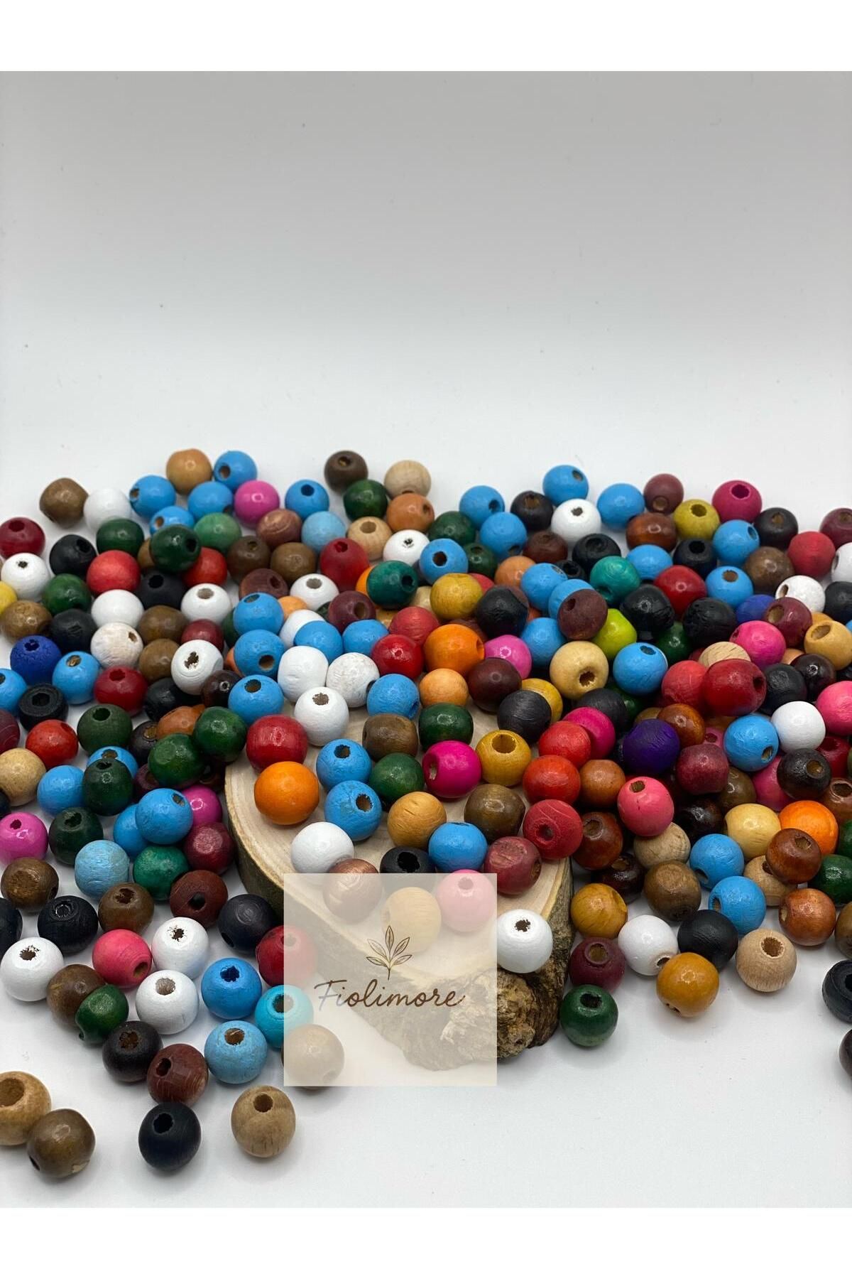 Fiolimore 12 mm Karışık Renkli Ahşap Boncuk (50 Gram 95 Adet) Dar Delik Çapı 3 mm Yuvarlak Makrome Tahta